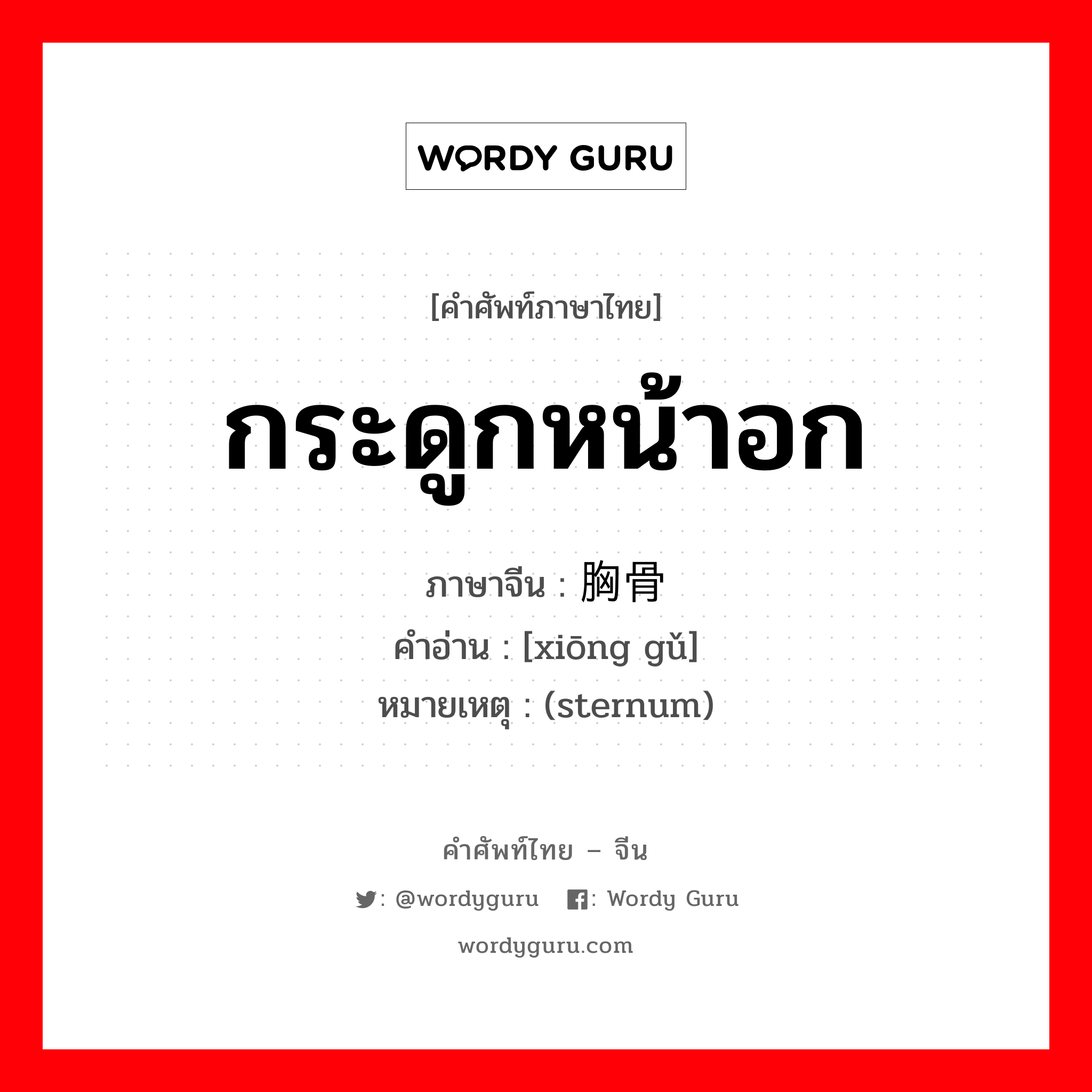 กระดูกหน้าอก ภาษาจีนคืออะไร, คำศัพท์ภาษาไทย - จีน กระดูกหน้าอก ภาษาจีน 胸骨 คำอ่าน [xiōng gǔ] หมายเหตุ (sternum)