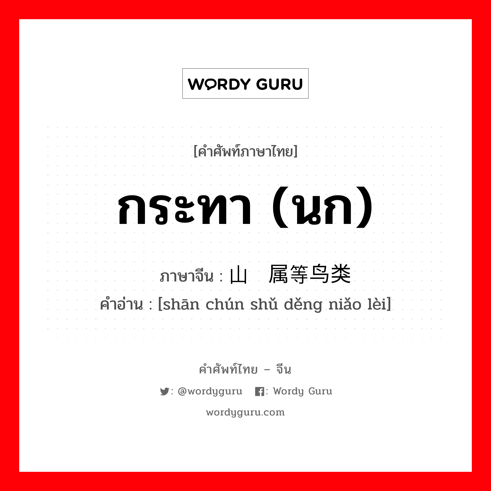 กระทา (นก) ภาษาจีนคืออะไร, คำศัพท์ภาษาไทย - จีน กระทา (นก) ภาษาจีน 山鹑属等鸟类 คำอ่าน [shān chún shǔ děng niǎo lèi]