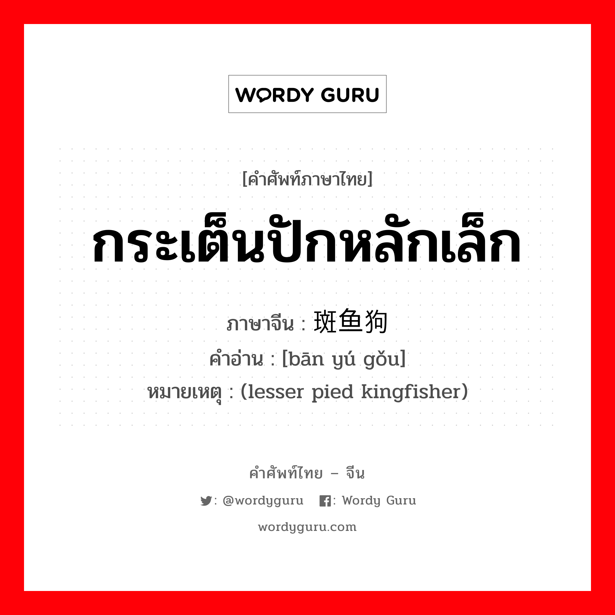 กระเต็นปักหลักเล็ก ภาษาจีนคืออะไร, คำศัพท์ภาษาไทย - จีน กระเต็นปักหลักเล็ก ภาษาจีน 斑鱼狗 คำอ่าน [bān yú gǒu] หมายเหตุ (lesser pied kingfisher)