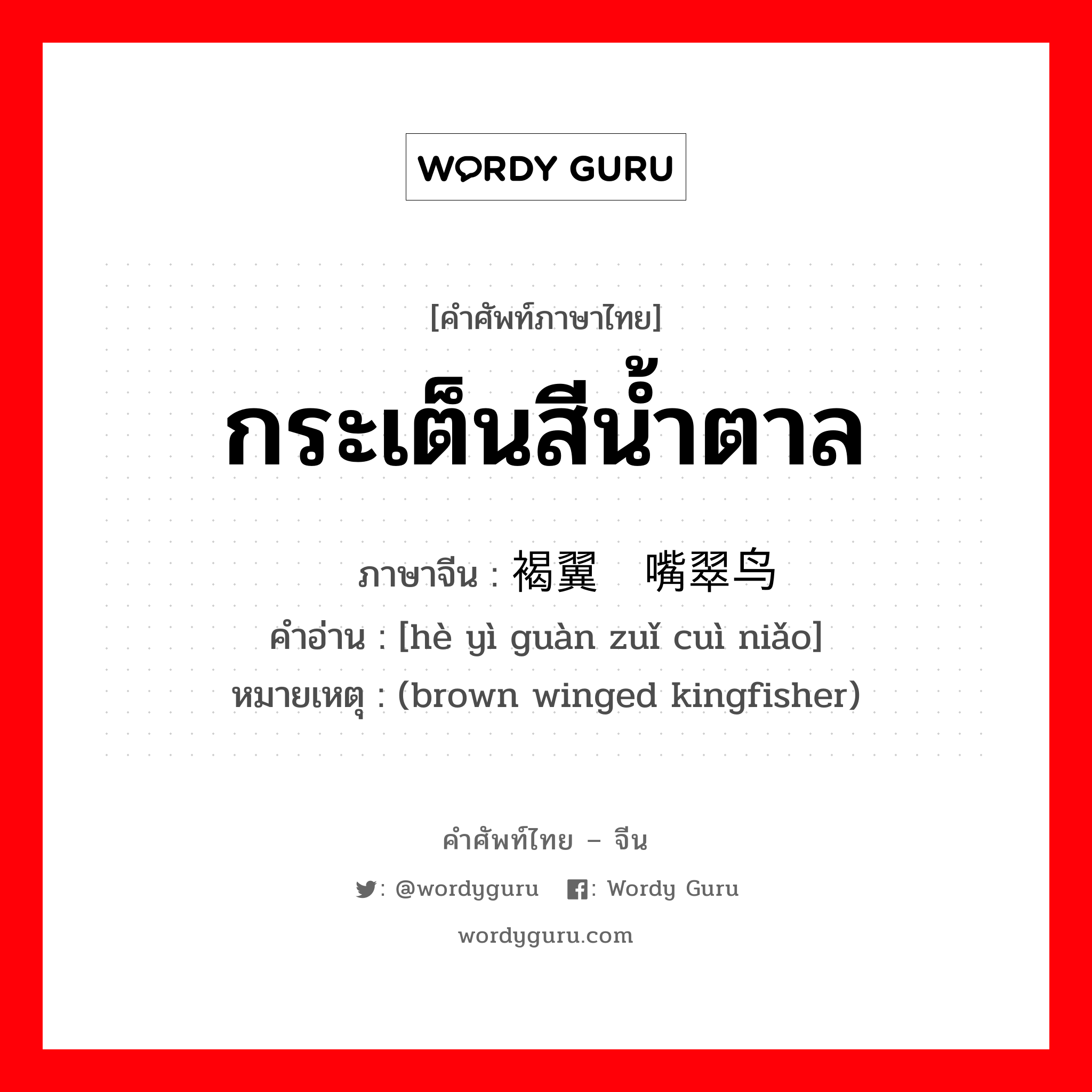 กระเต็นสีน้ำตาล ภาษาจีนคืออะไร, คำศัพท์ภาษาไทย - จีน กระเต็นสีน้ำตาล ภาษาจีน 褐翼鹳嘴翠鸟 คำอ่าน [hè yì guàn zuǐ cuì niǎo] หมายเหตุ (brown winged kingfisher)