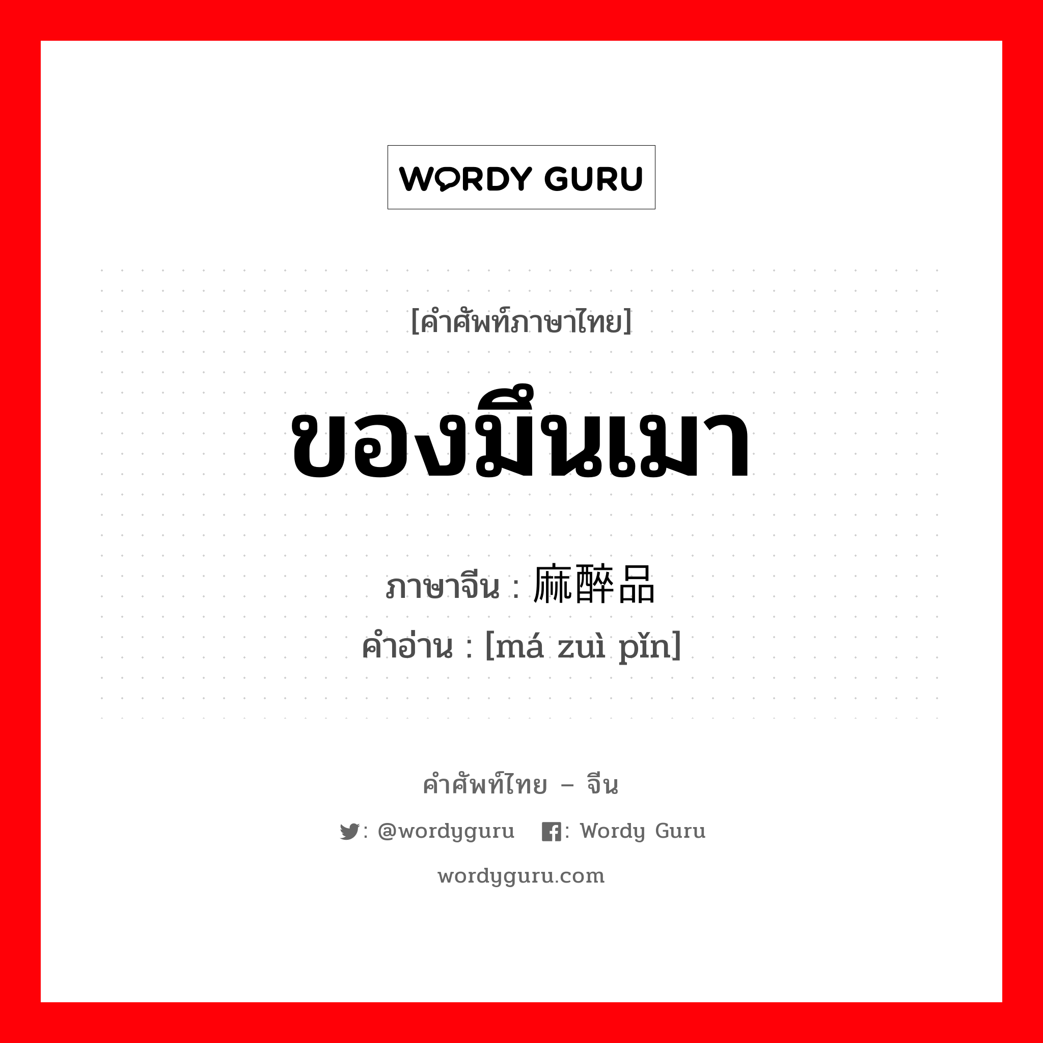 ของมึนเมา ภาษาจีนคืออะไร, คำศัพท์ภาษาไทย - จีน ของมึนเมา ภาษาจีน 麻醉品 คำอ่าน [má zuì pǐn]