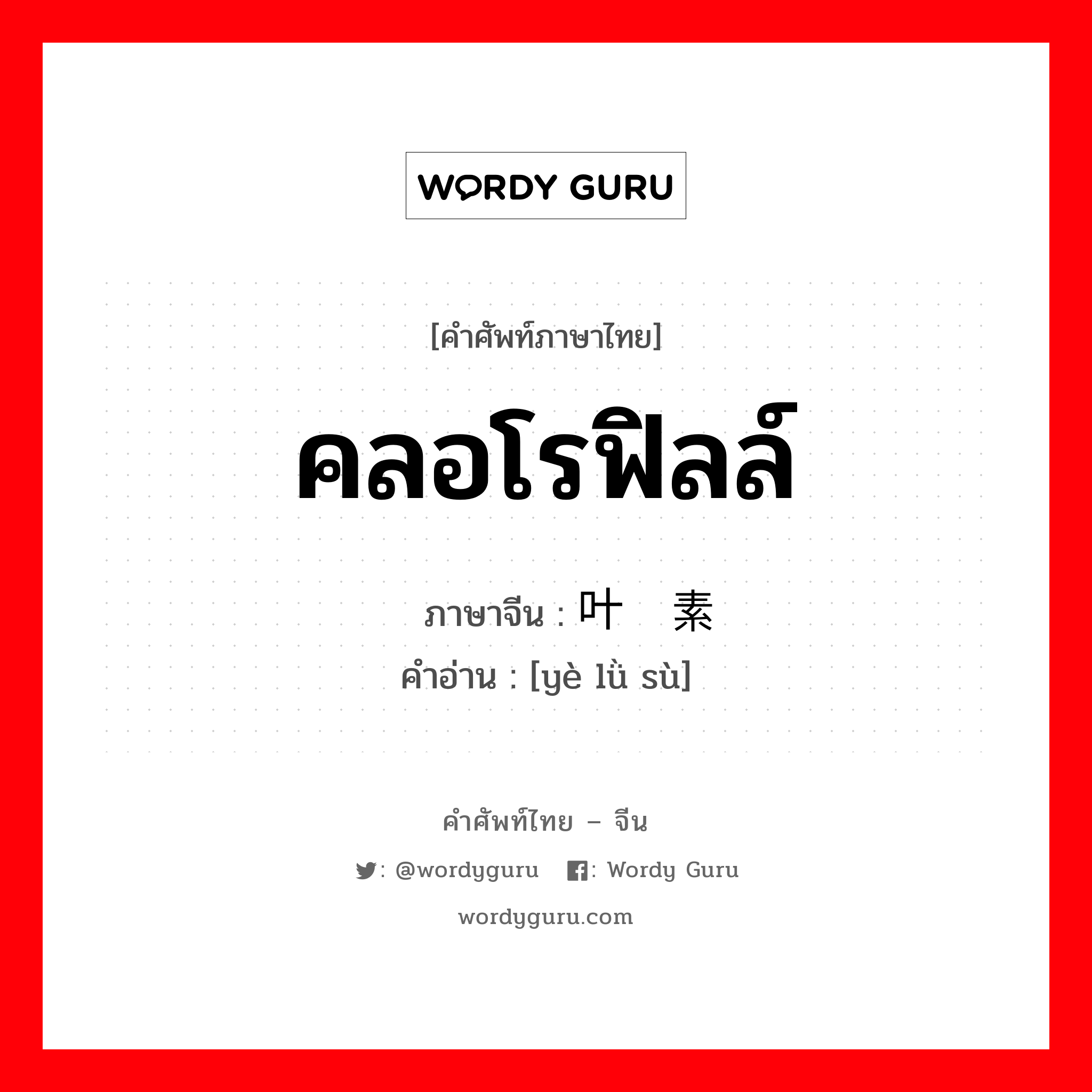 คลอโรฟิลล์ ภาษาจีนคืออะไร, คำศัพท์ภาษาไทย - จีน คลอโรฟิลล์ ภาษาจีน 叶绿素 คำอ่าน [yè lǜ sù]