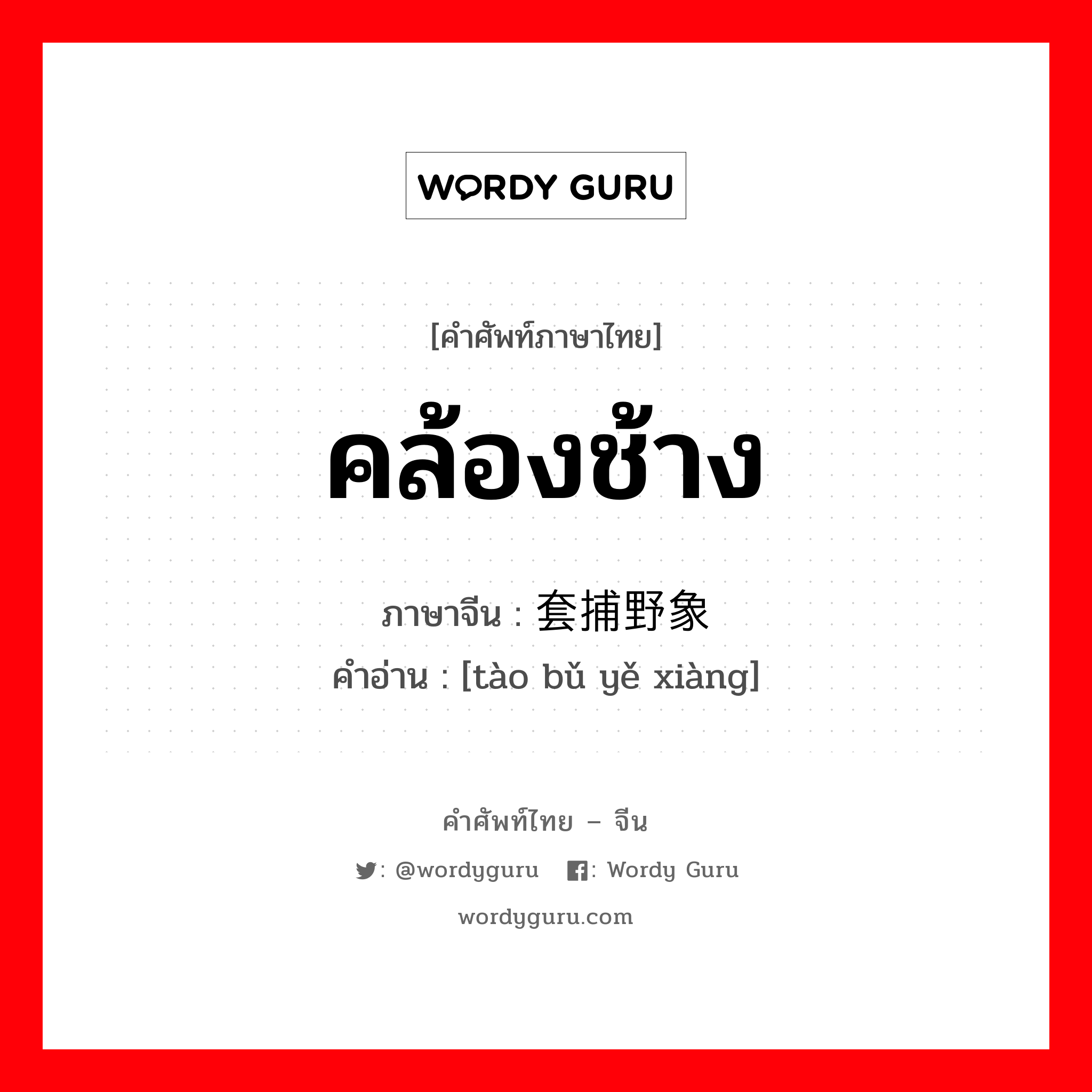 คล้องช้าง ภาษาจีนคืออะไร, คำศัพท์ภาษาไทย - จีน คล้องช้าง ภาษาจีน 套捕野象 คำอ่าน [tào bǔ yě xiàng]