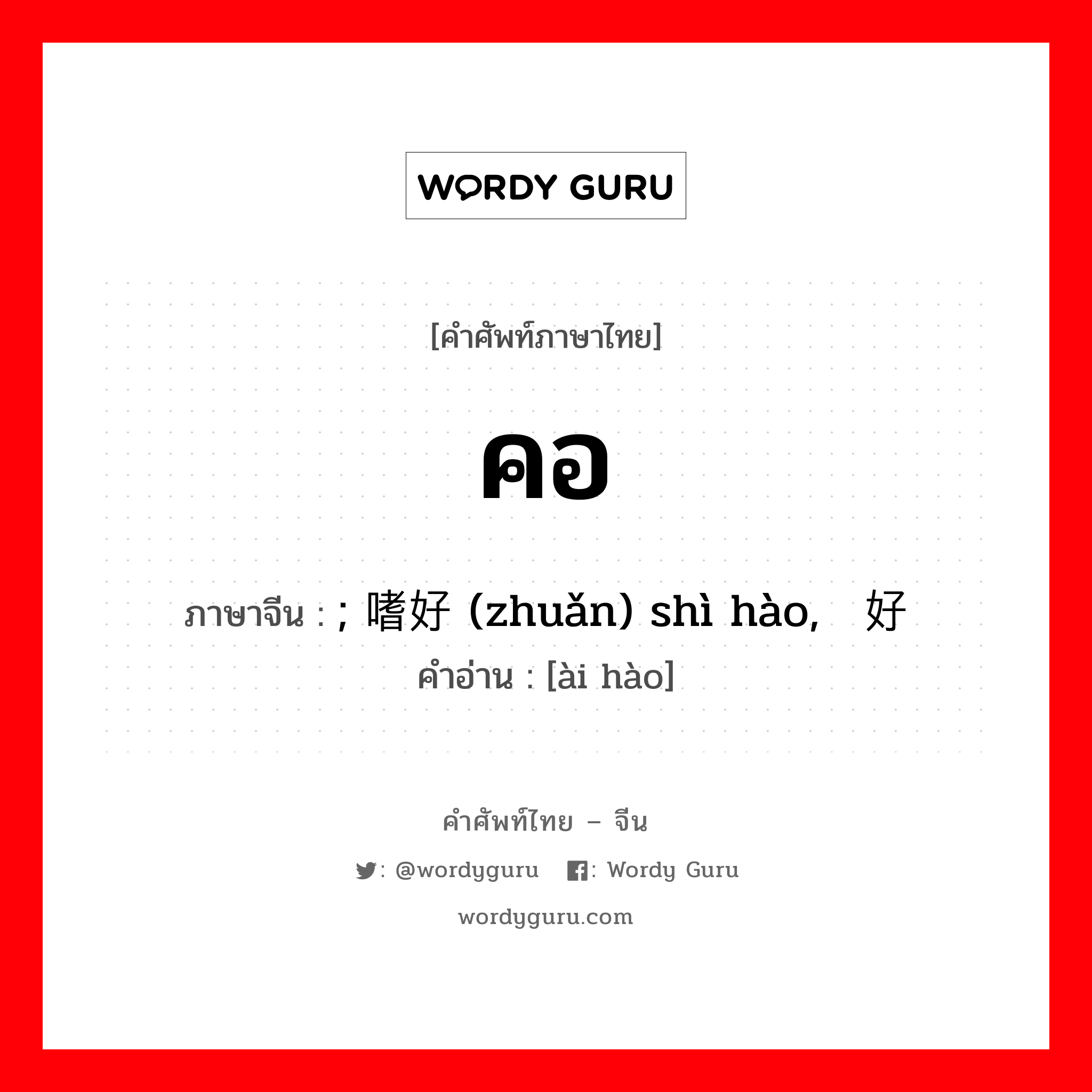 คอ ภาษาจีนคืออะไร, คำศัพท์ภาษาไทย - จีน คอ ภาษาจีน ; 嗜好 (zhuǎn) shì hào, 爱好 คำอ่าน [ài hào]