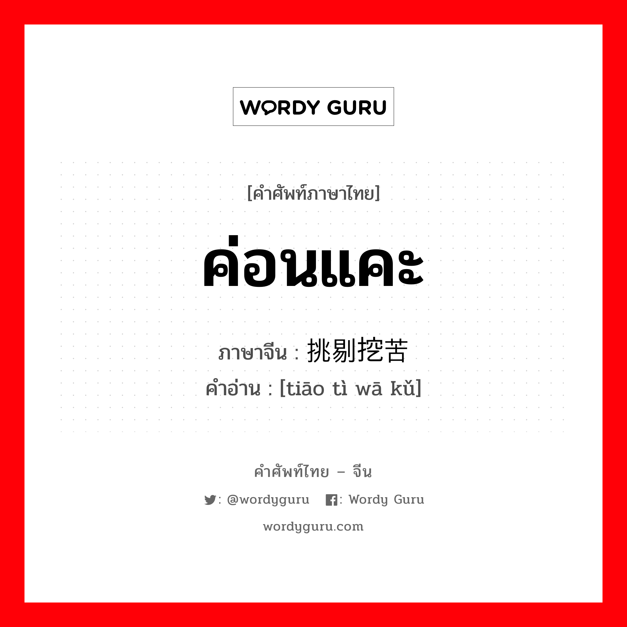 ค่อนแคะ ภาษาจีนคืออะไร, คำศัพท์ภาษาไทย - จีน ค่อนแคะ ภาษาจีน 挑剔挖苦 คำอ่าน [tiāo tì wā kǔ]