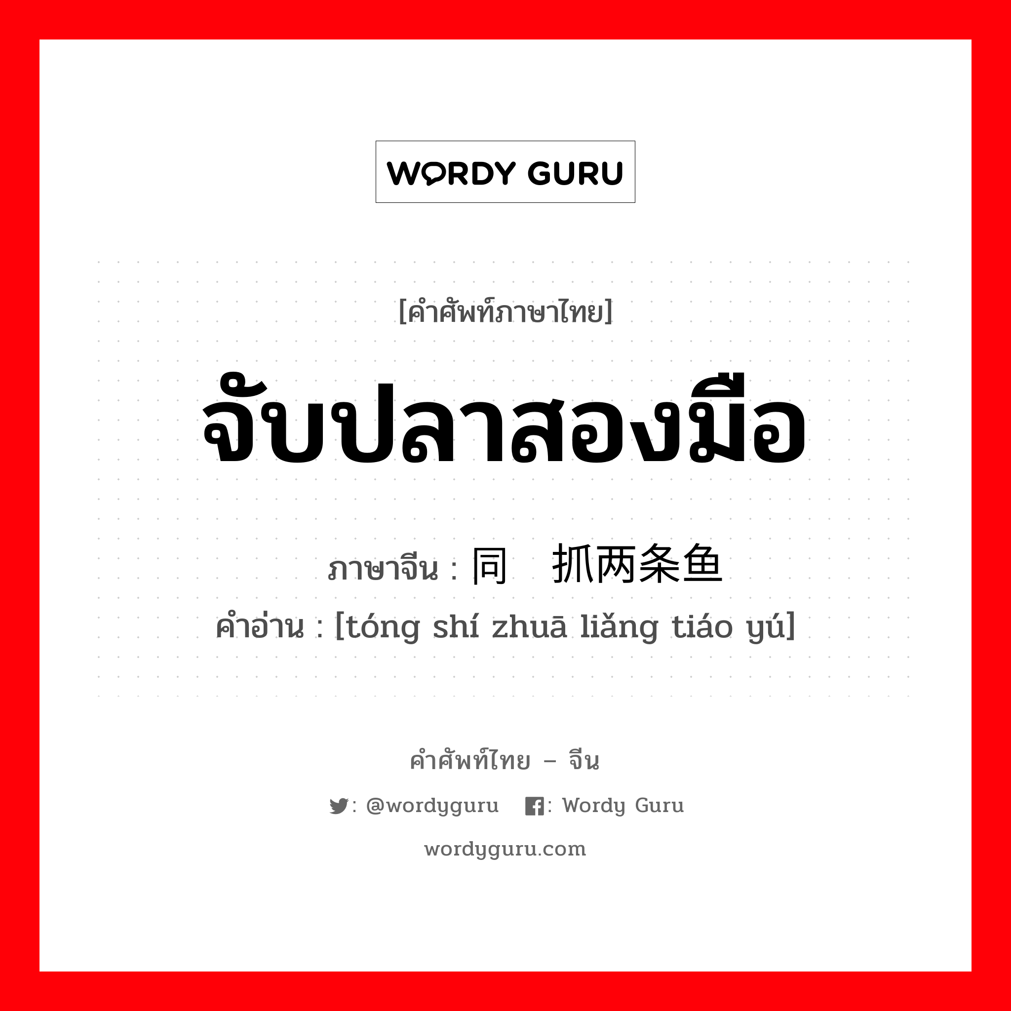 จับปลาสองมือ ภาษาจีนคืออะไร, คำศัพท์ภาษาไทย - จีน จับปลาสองมือ ภาษาจีน 同时抓两条鱼 คำอ่าน [tóng shí zhuā liǎng tiáo yú]