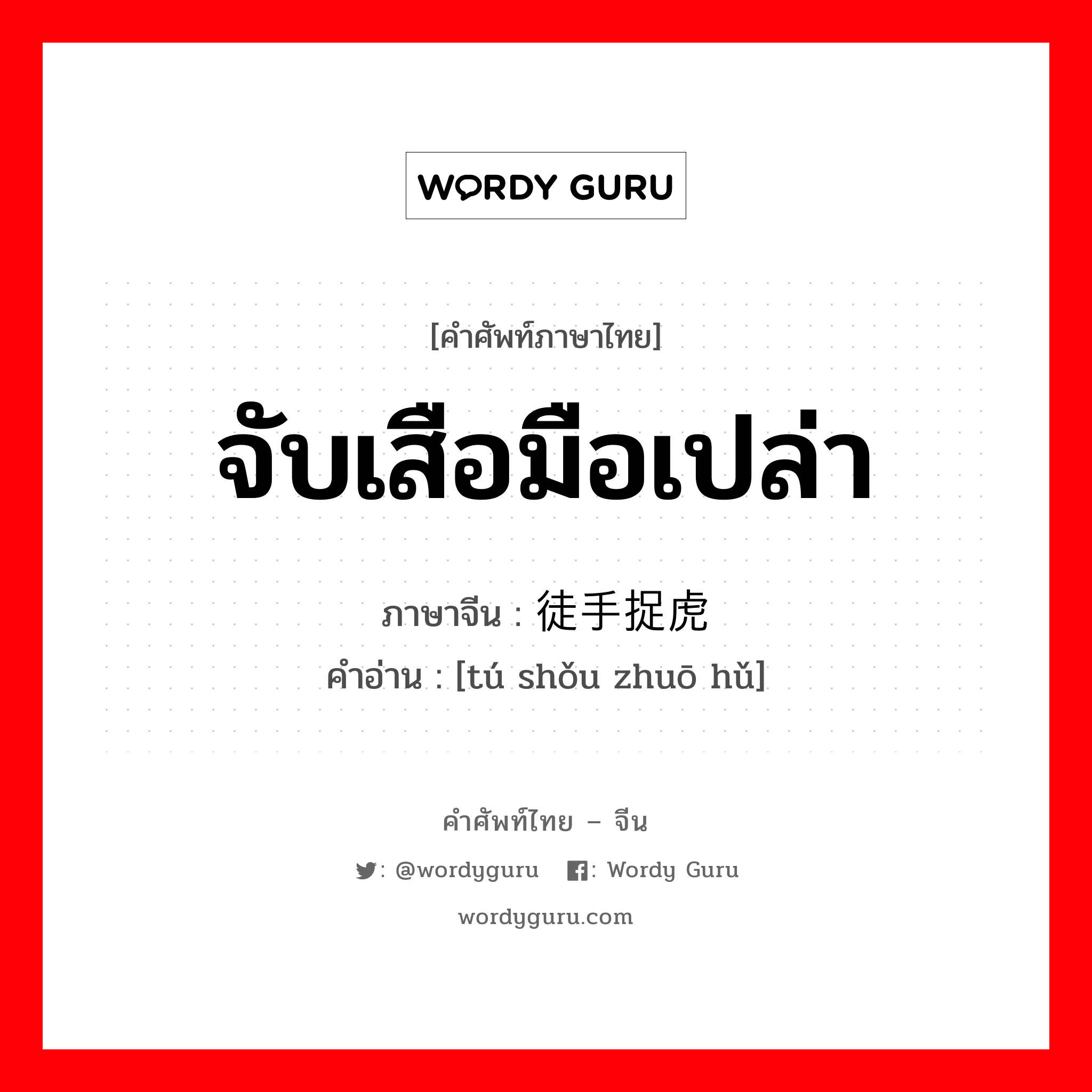 จับเสือมือเปล่า ภาษาจีนคืออะไร, คำศัพท์ภาษาไทย - จีน จับเสือมือเปล่า ภาษาจีน 徒手捉虎 คำอ่าน [tú shǒu zhuō hǔ]