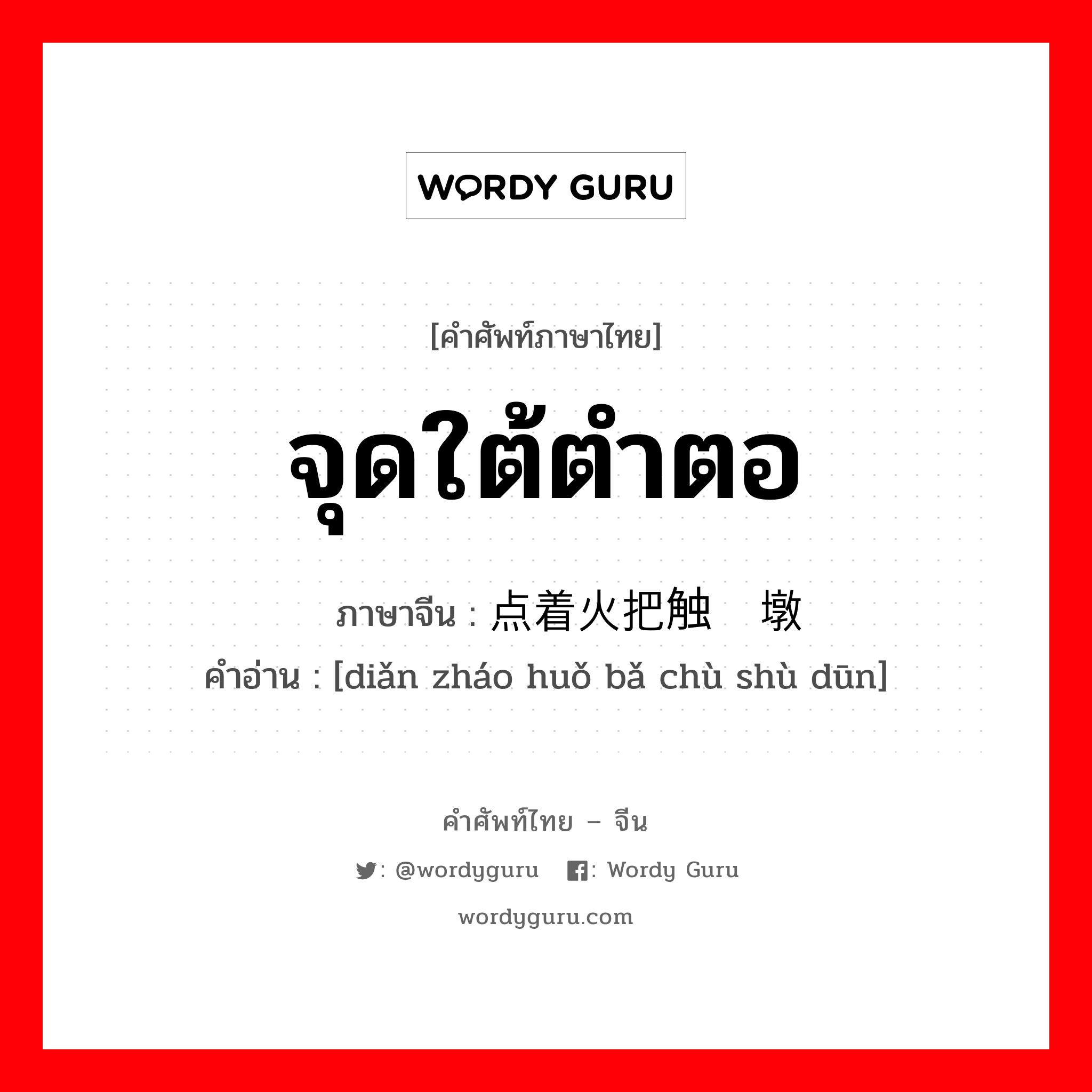 จุดใต้ตำตอ ภาษาจีนคืออะไร, คำศัพท์ภาษาไทย - จีน จุดใต้ตำตอ ภาษาจีน 点着火把触树墩 คำอ่าน [diǎn zháo huǒ bǎ chù shù dūn]