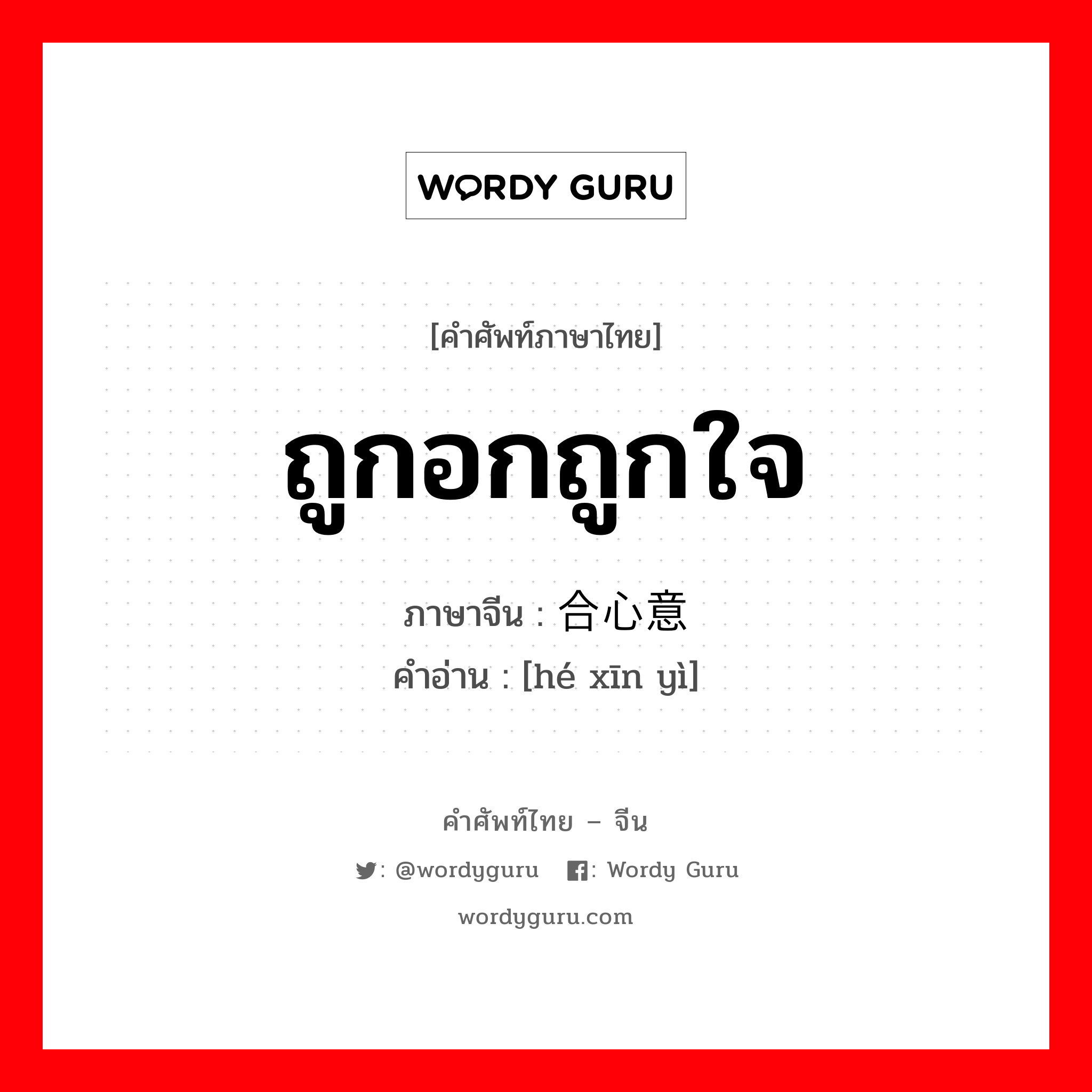 ถูกอกถูกใจ ภาษาจีนคืออะไร, คำศัพท์ภาษาไทย - จีน ถูกอกถูกใจ ภาษาจีน 合心意 คำอ่าน [hé xīn yì]