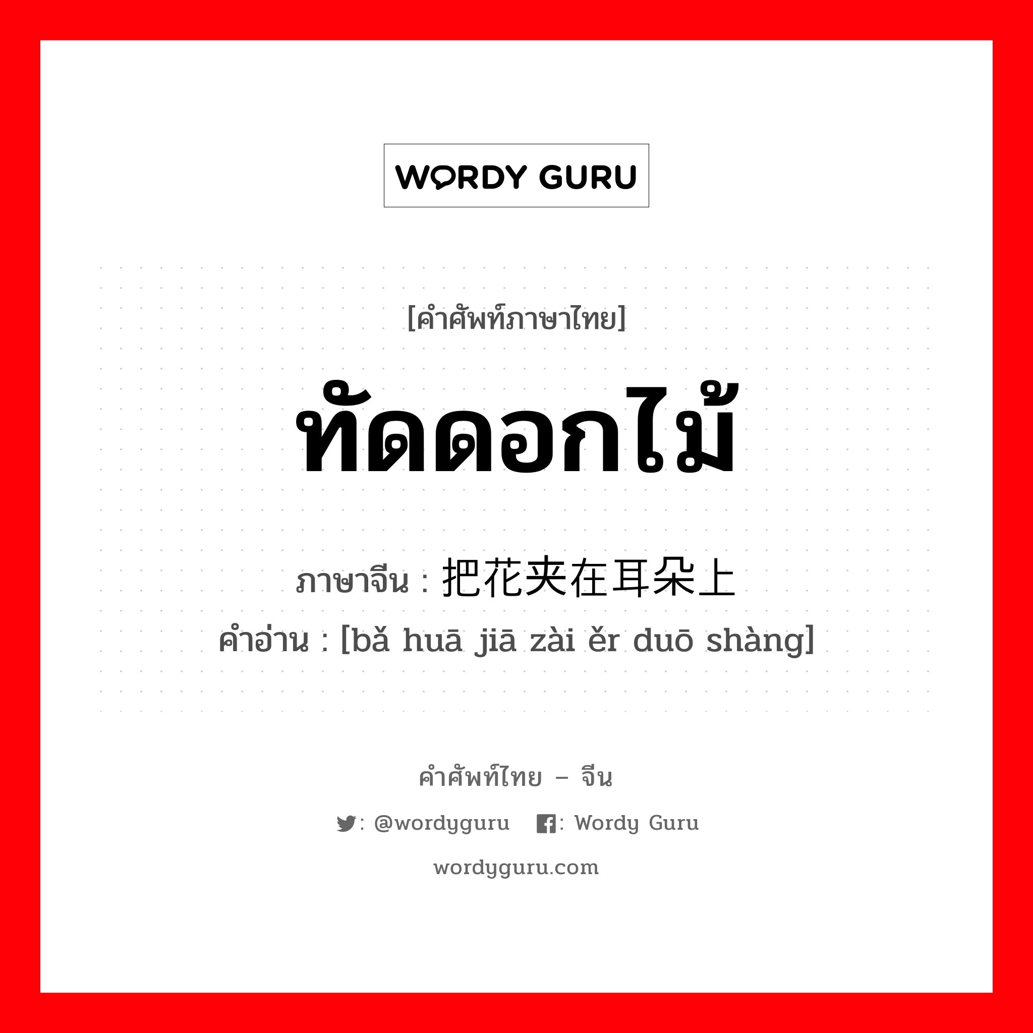 ทัดดอกไม้ ภาษาจีนคืออะไร, คำศัพท์ภาษาไทย - จีน ทัดดอกไม้ ภาษาจีน 把花夹在耳朵上 คำอ่าน [bǎ huā jiā zài ěr duō shàng]