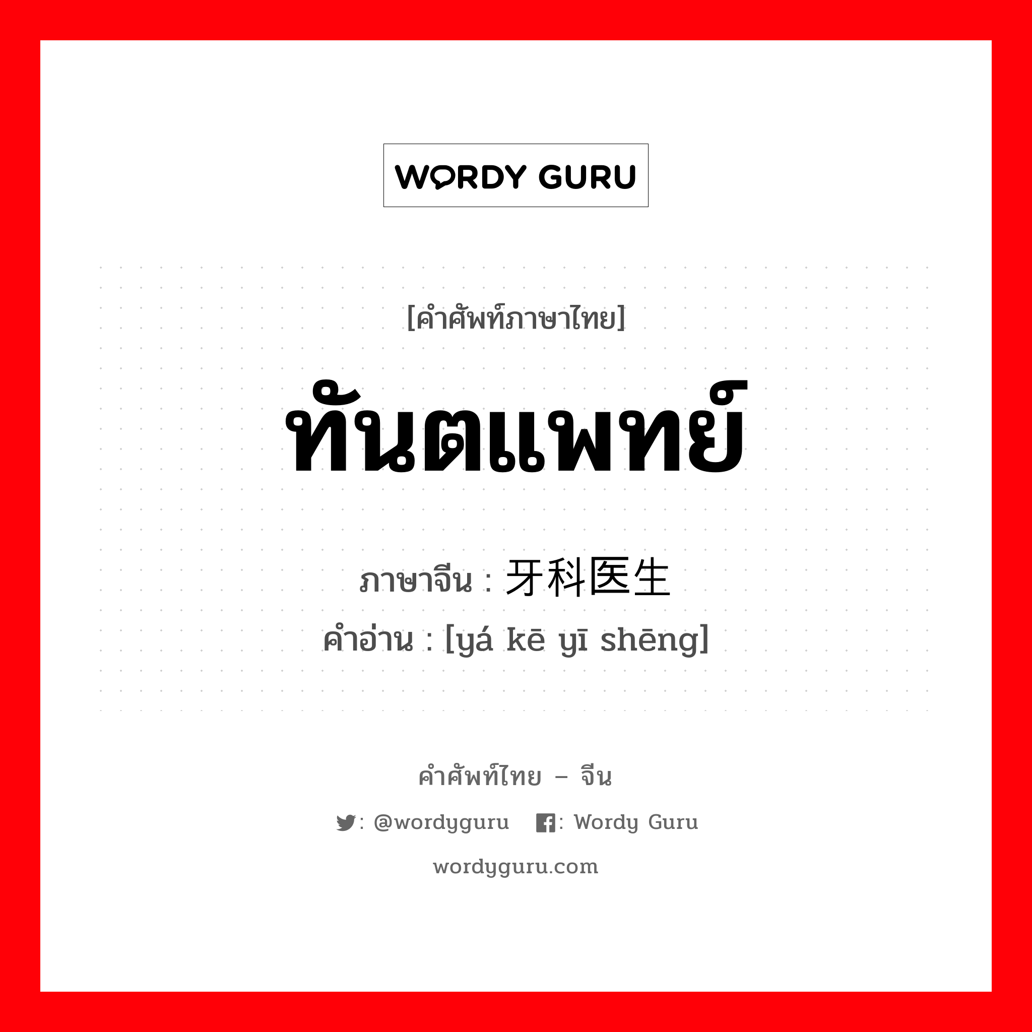 ทันตแพทย์ ภาษาจีนคืออะไร, คำศัพท์ภาษาไทย - จีน ทันตแพทย์ ภาษาจีน 牙科医生 คำอ่าน [yá kē yī shēng]