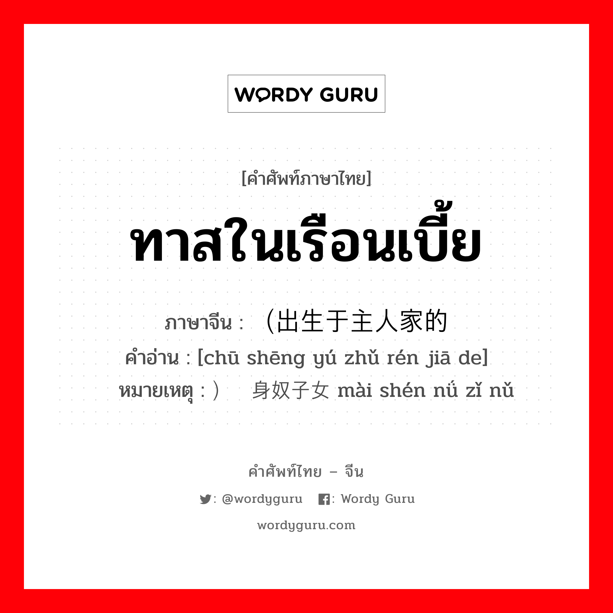 ทาสในเรือนเบี้ย ภาษาจีนคืออะไร, คำศัพท์ภาษาไทย - จีน ทาสในเรือนเบี้ย ภาษาจีน （出生于主人家的 คำอ่าน [chū shēng yú zhǔ rén jiā de] หมายเหตุ ）卖身奴子女 mài shén nǘ zǐ nǔ