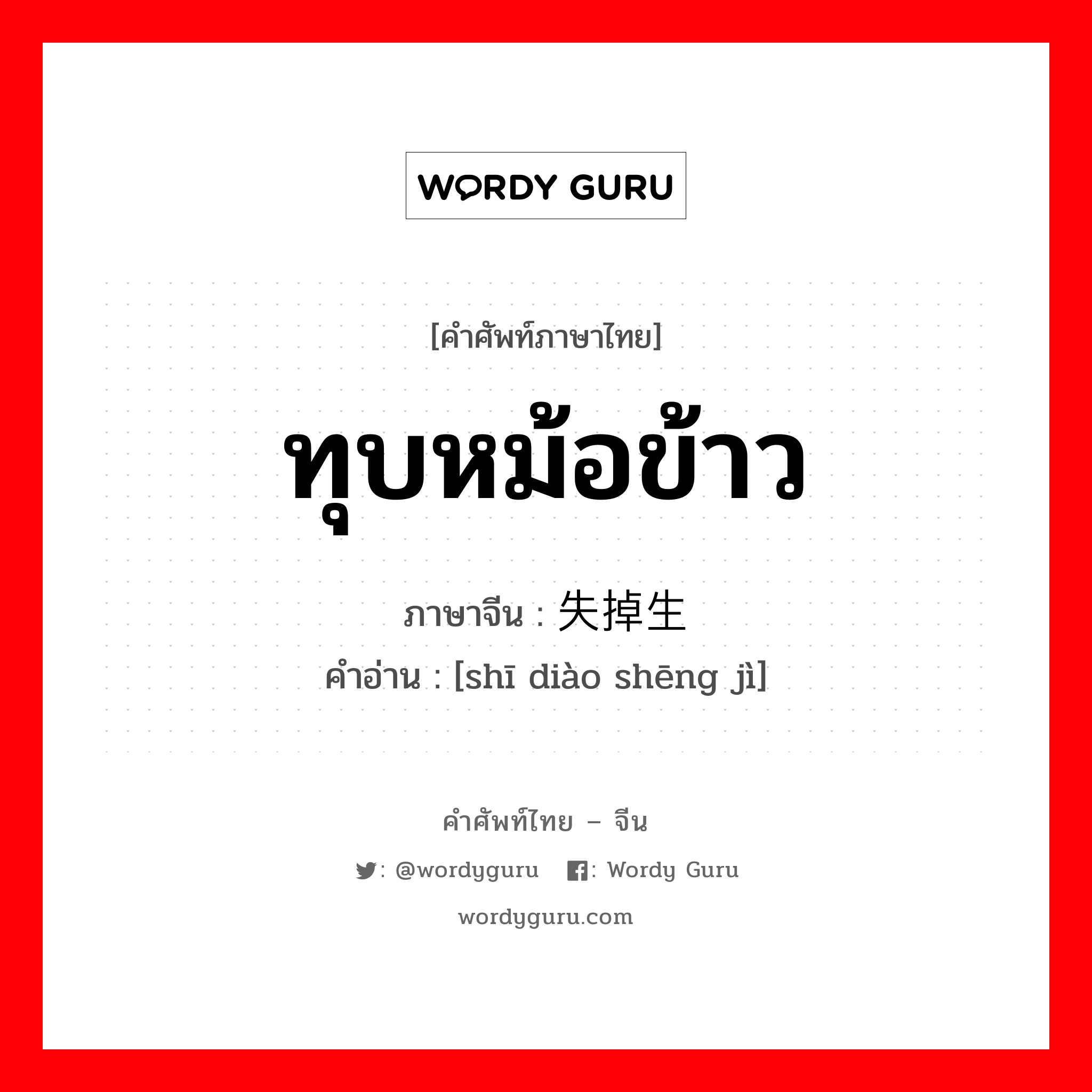 ทุบหม้อข้าว ภาษาจีนคืออะไร, คำศัพท์ภาษาไทย - จีน ทุบหม้อข้าว ภาษาจีน 失掉生计 คำอ่าน [shī diào shēng jì]