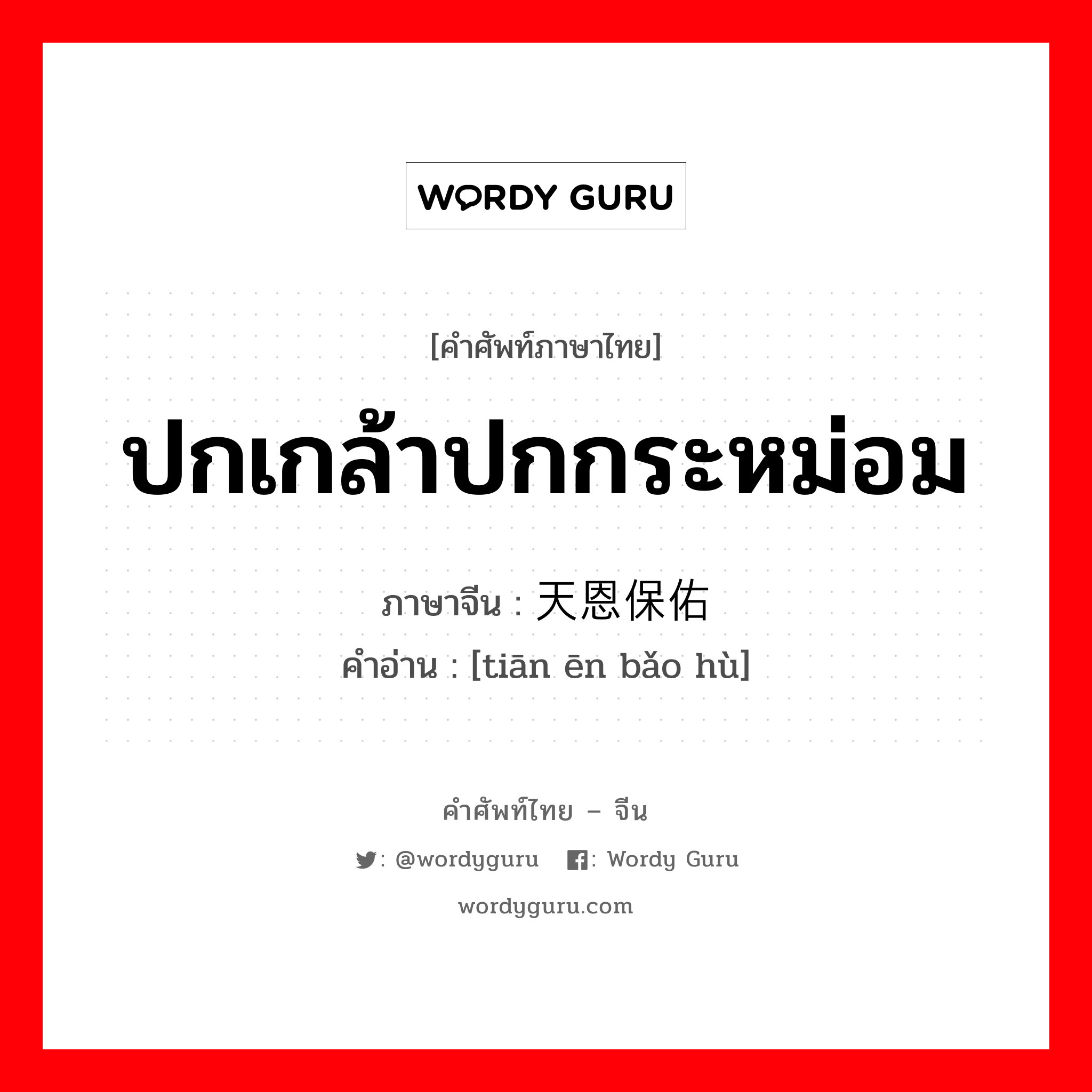 ปกเกล้าปกกระหม่อม ภาษาจีนคืออะไร, คำศัพท์ภาษาไทย - จีน ปกเกล้าปกกระหม่อม ภาษาจีน 天恩保佑 คำอ่าน [tiān ēn bǎo hù]