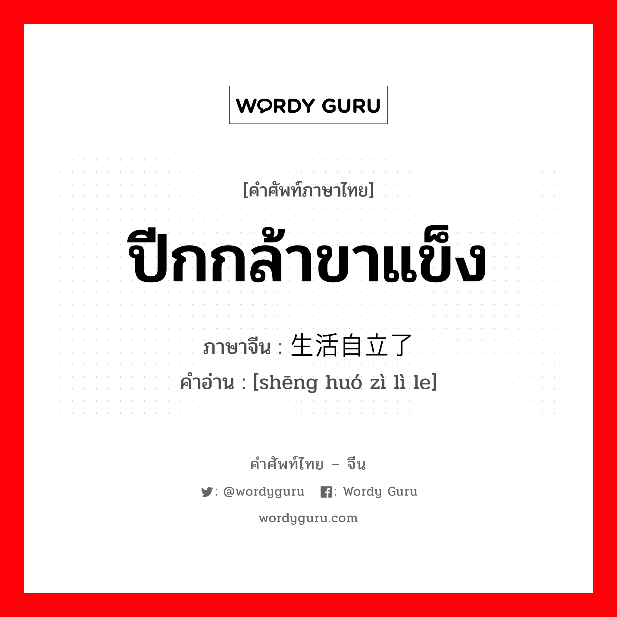 ปีกกล้าขาแข็ง ภาษาจีนคืออะไร, คำศัพท์ภาษาไทย - จีน ปีกกล้าขาแข็ง ภาษาจีน 生活自立了 คำอ่าน [shēng huó zì lì le]