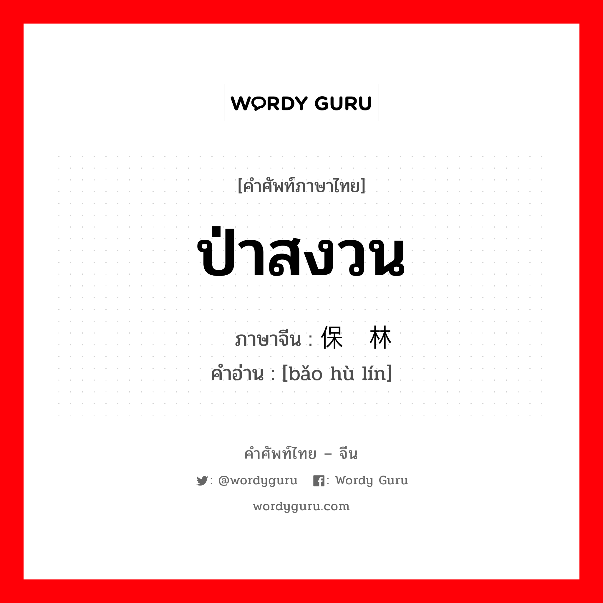 ป่าสงวน ภาษาจีนคืออะไร, คำศัพท์ภาษาไทย - จีน ป่าสงวน ภาษาจีน 保护林 คำอ่าน [bǎo hù lín]