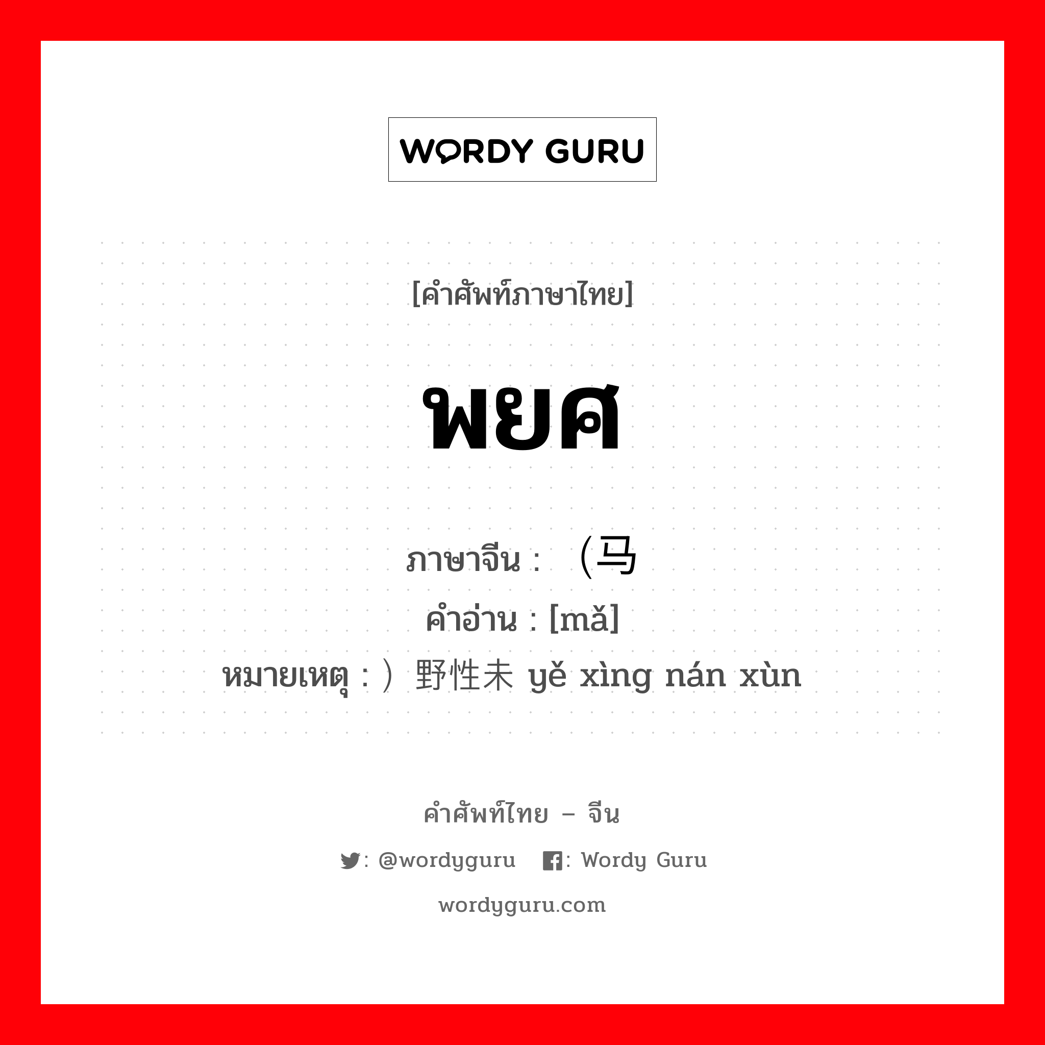 พยศ ภาษาจีนคืออะไร, คำศัพท์ภาษาไทย - จีน พยศ ภาษาจีน （马 คำอ่าน [mǎ] หมายเหตุ ）野性未驯 yě xìng nán xùn