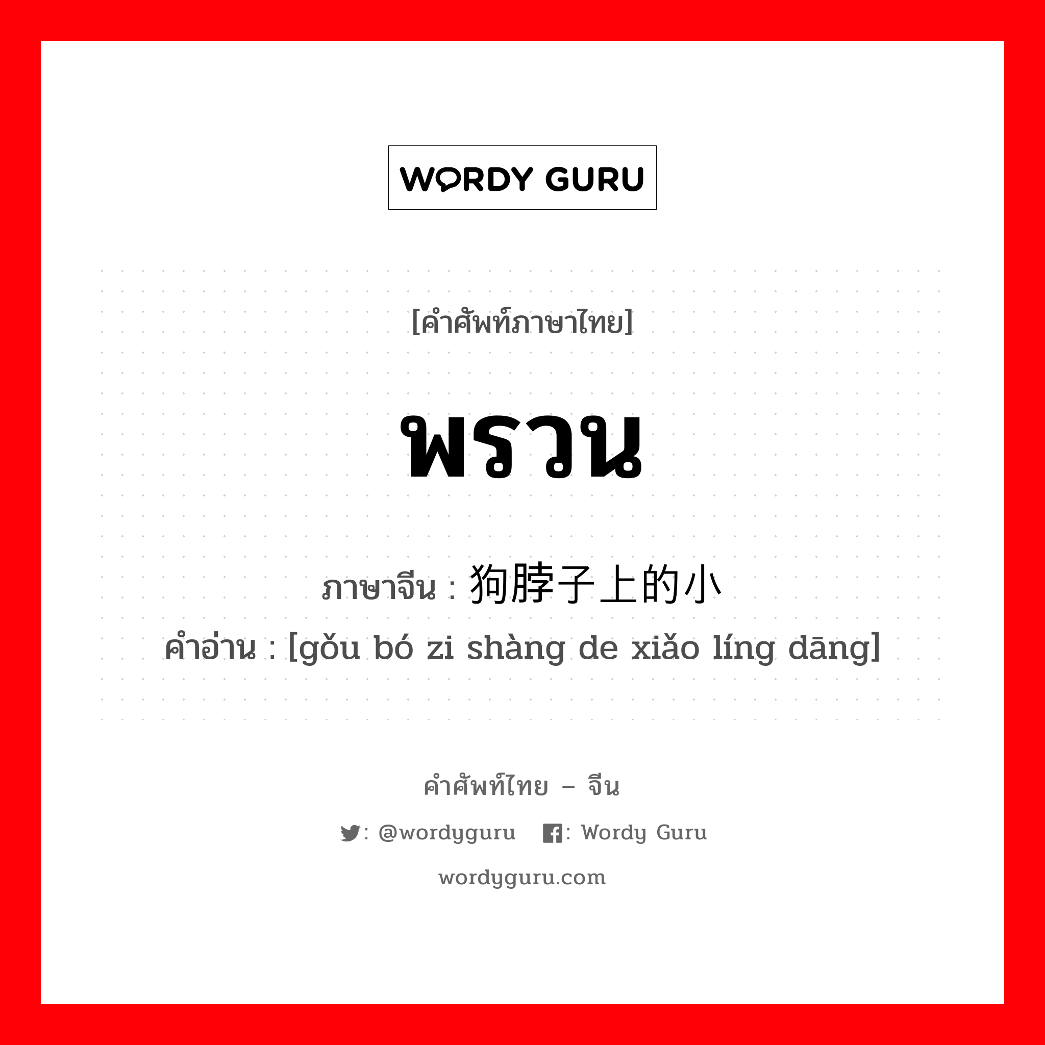 พรวน ภาษาจีนคืออะไร, คำศัพท์ภาษาไทย - จีน พรวน ภาษาจีน 狗脖子上的小铃铛 คำอ่าน [gǒu bó zi shàng de xiǎo líng dāng]