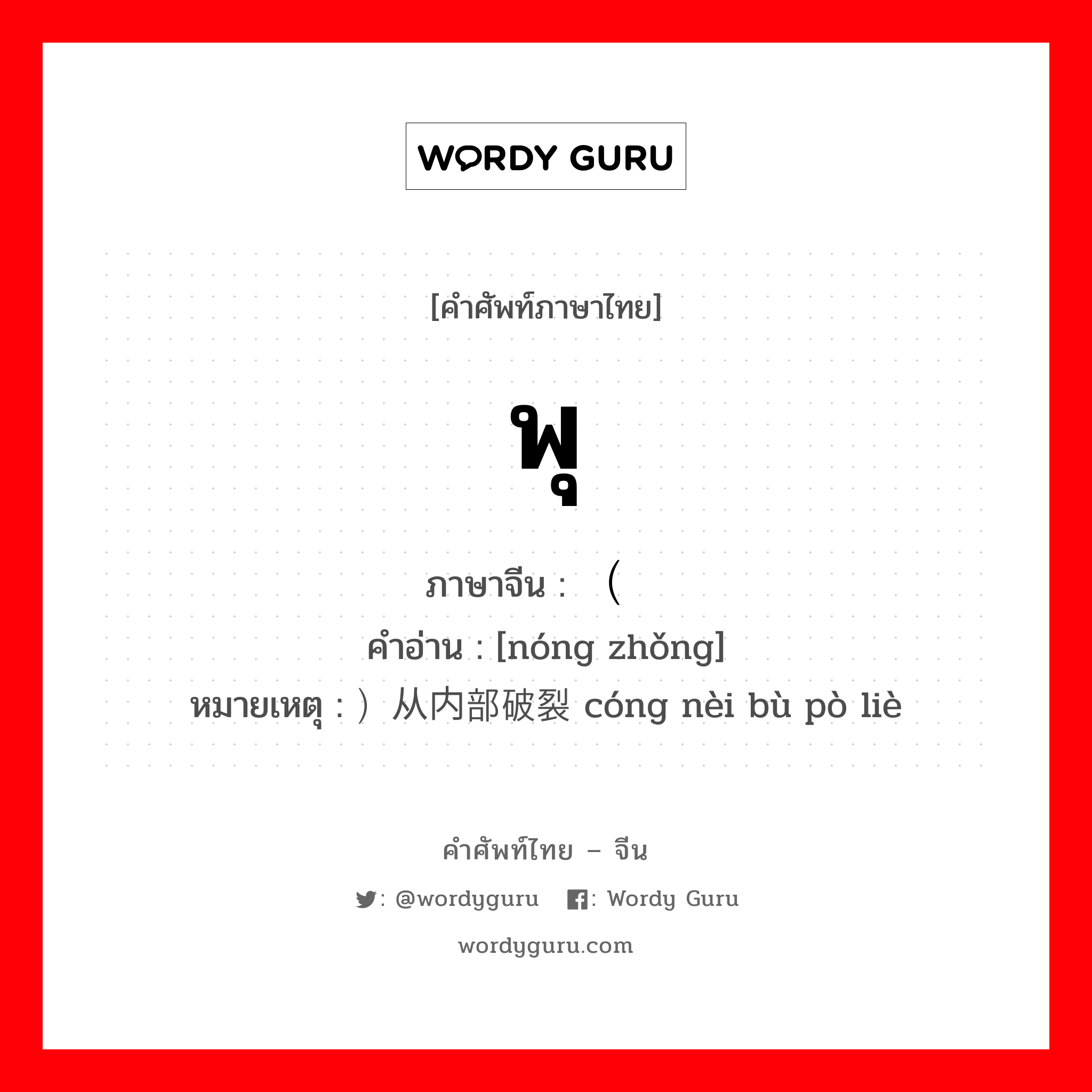 พุ ภาษาจีนคืออะไร, คำศัพท์ภาษาไทย - จีน พุ ภาษาจีน （脓肿 คำอ่าน [nóng zhǒng] หมายเหตุ ）从内部破裂 cóng nèi bù pò liè