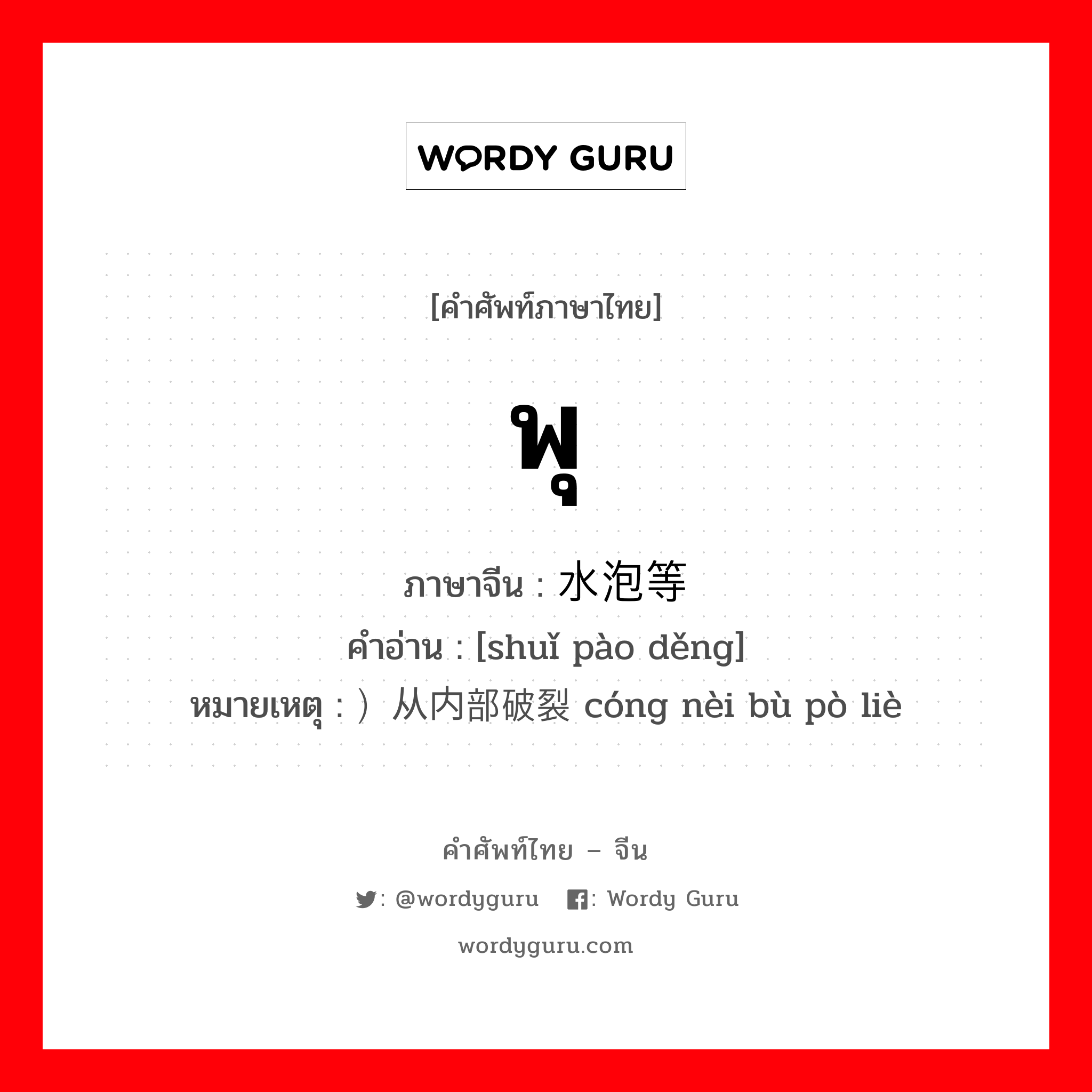 พุ ภาษาจีนคืออะไร, คำศัพท์ภาษาไทย - จีน พุ ภาษาจีน 水泡等 คำอ่าน [shuǐ pào děng] หมายเหตุ ）从内部破裂 cóng nèi bù pò liè