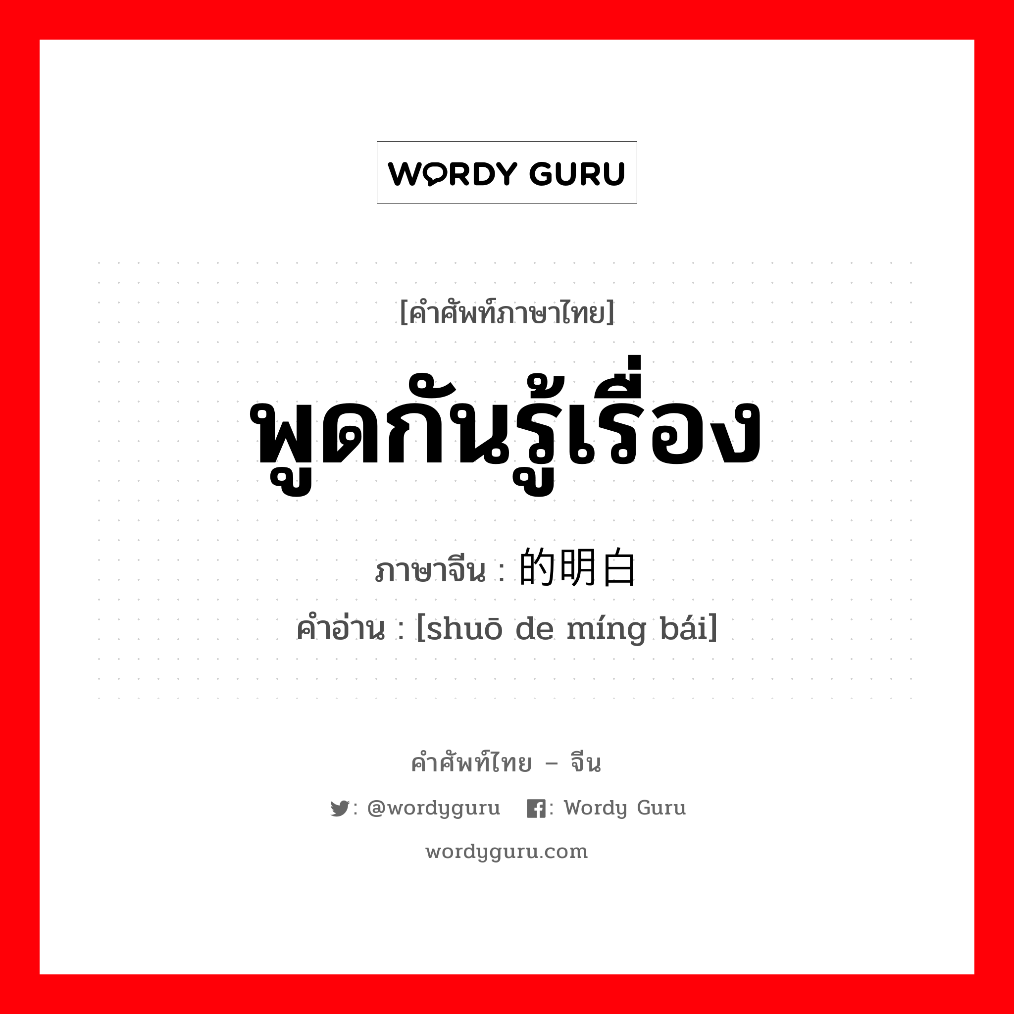 พูดกันรู้เรื่อง ภาษาจีนคืออะไร, คำศัพท์ภาษาไทย - จีน พูดกันรู้เรื่อง ภาษาจีน 说的明白 คำอ่าน [shuō de míng bái]