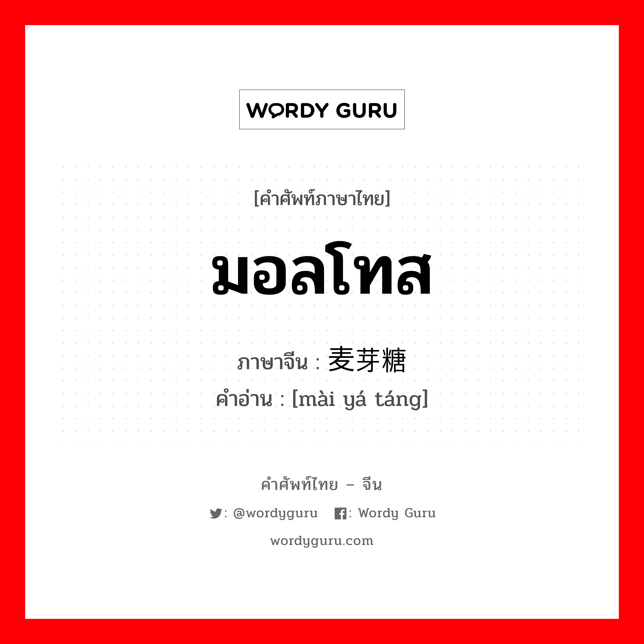 มอลโทส ภาษาจีนคืออะไร, คำศัพท์ภาษาไทย - จีน มอลโทส ภาษาจีน 麦芽糖 คำอ่าน [mài yá táng]