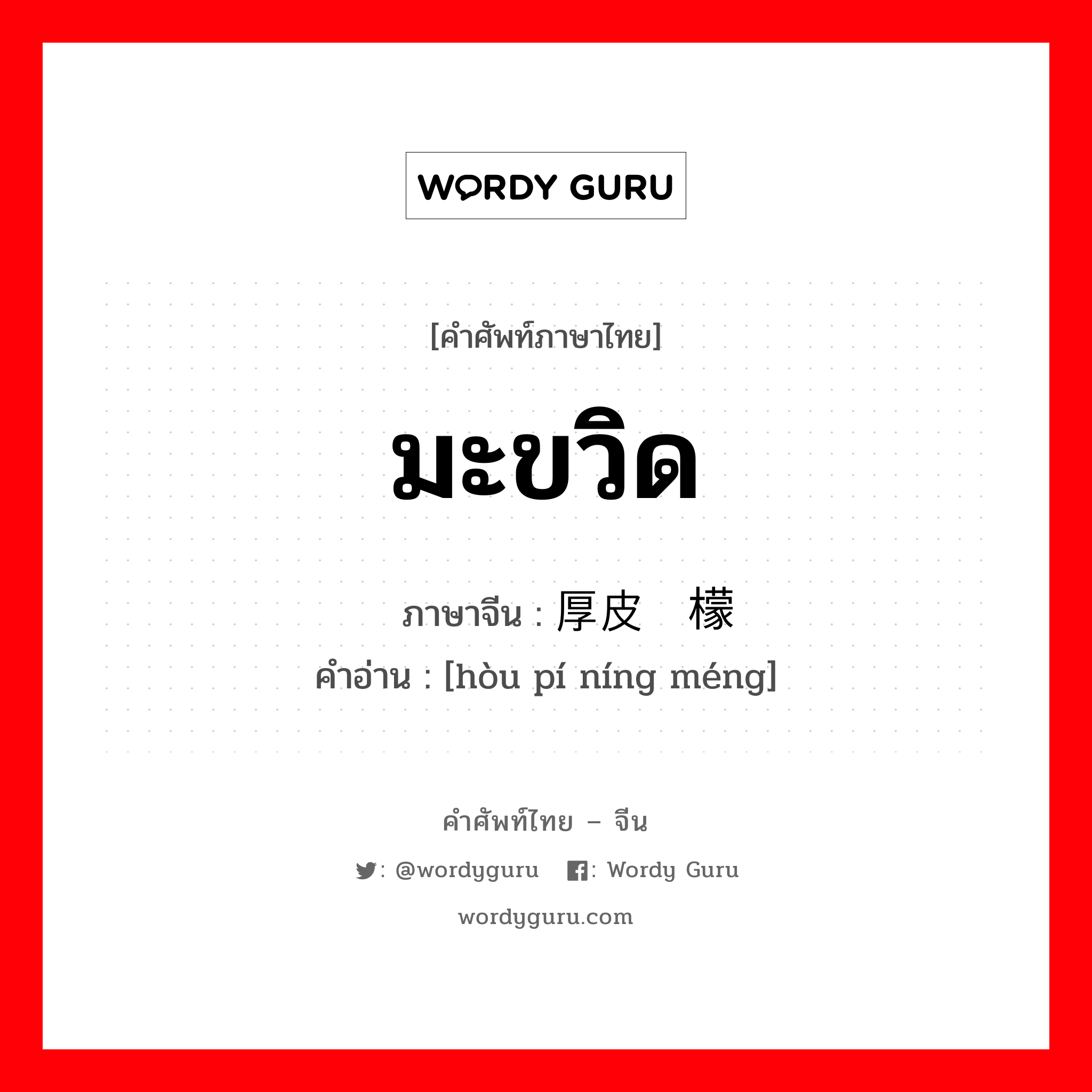 มะขวิด ภาษาจีนคืออะไร, คำศัพท์ภาษาไทย - จีน มะขวิด ภาษาจีน 厚皮柠檬 คำอ่าน [hòu pí níng méng]