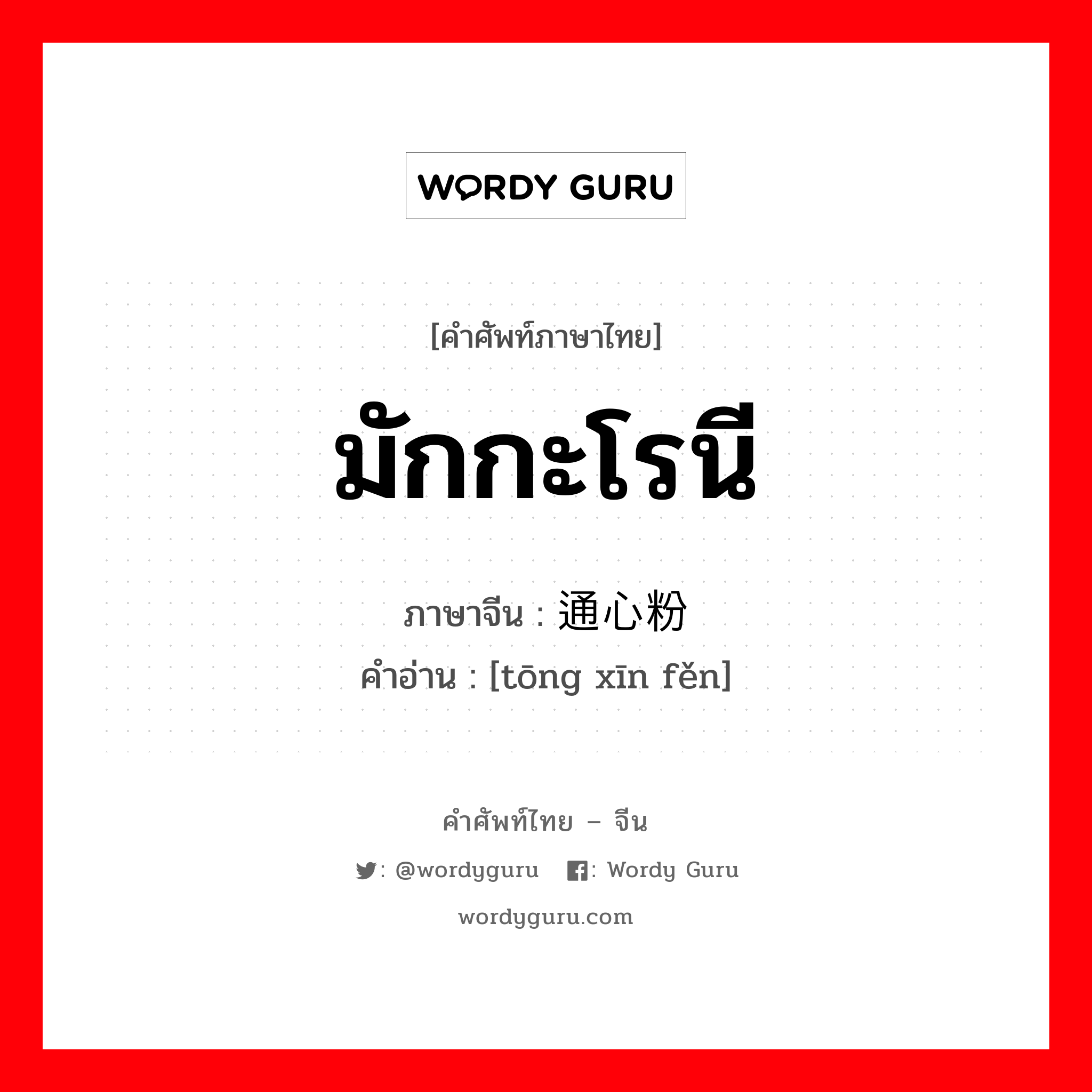 มักกะโรนี ภาษาจีนคืออะไร, คำศัพท์ภาษาไทย - จีน มักกะโรนี ภาษาจีน 通心粉 คำอ่าน [tōng xīn fěn]