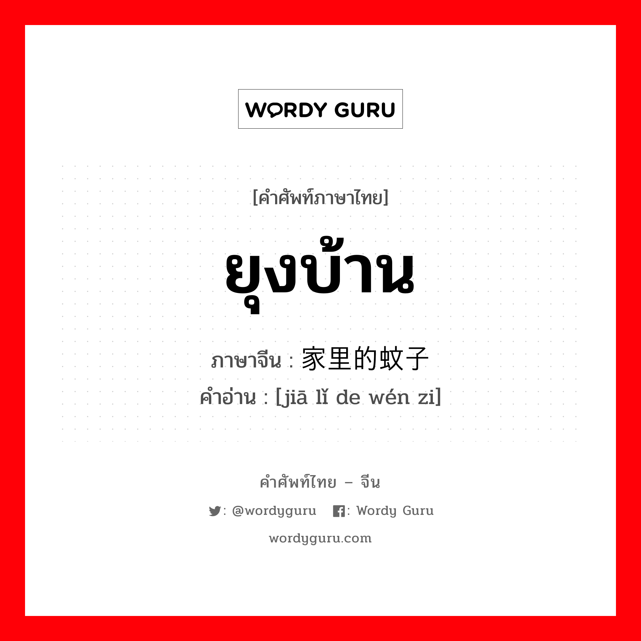 ยุงบ้าน ภาษาจีนคืออะไร, คำศัพท์ภาษาไทย - จีน ยุงบ้าน ภาษาจีน 家里的蚊子 คำอ่าน [jiā lǐ de wén zi]