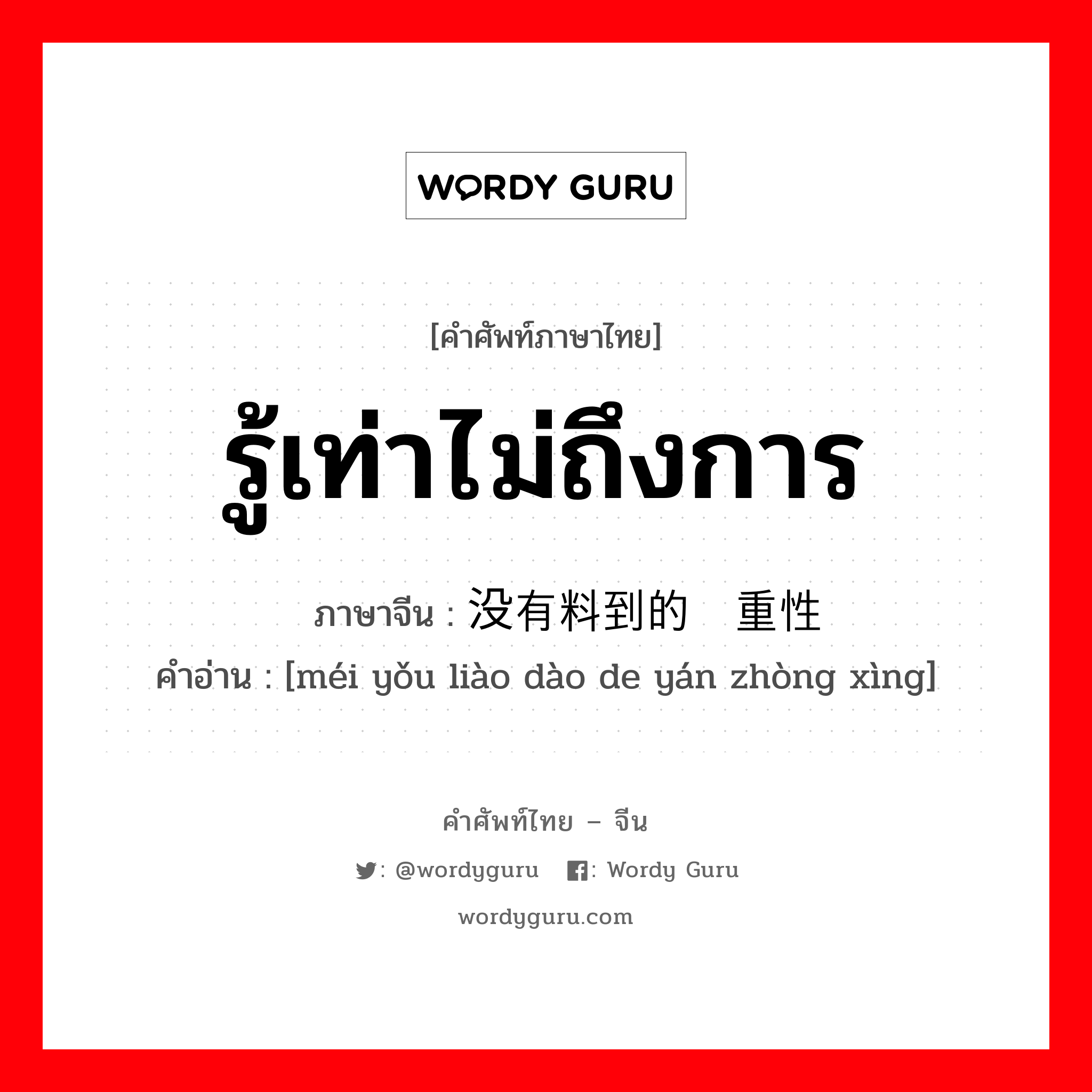 รู้เท่าไม่ถึงการ ภาษาจีนคืออะไร, คำศัพท์ภาษาไทย - จีน รู้เท่าไม่ถึงการ ภาษาจีน 没有料到的严重性 คำอ่าน [méi yǒu liào dào de yán zhòng xìng]