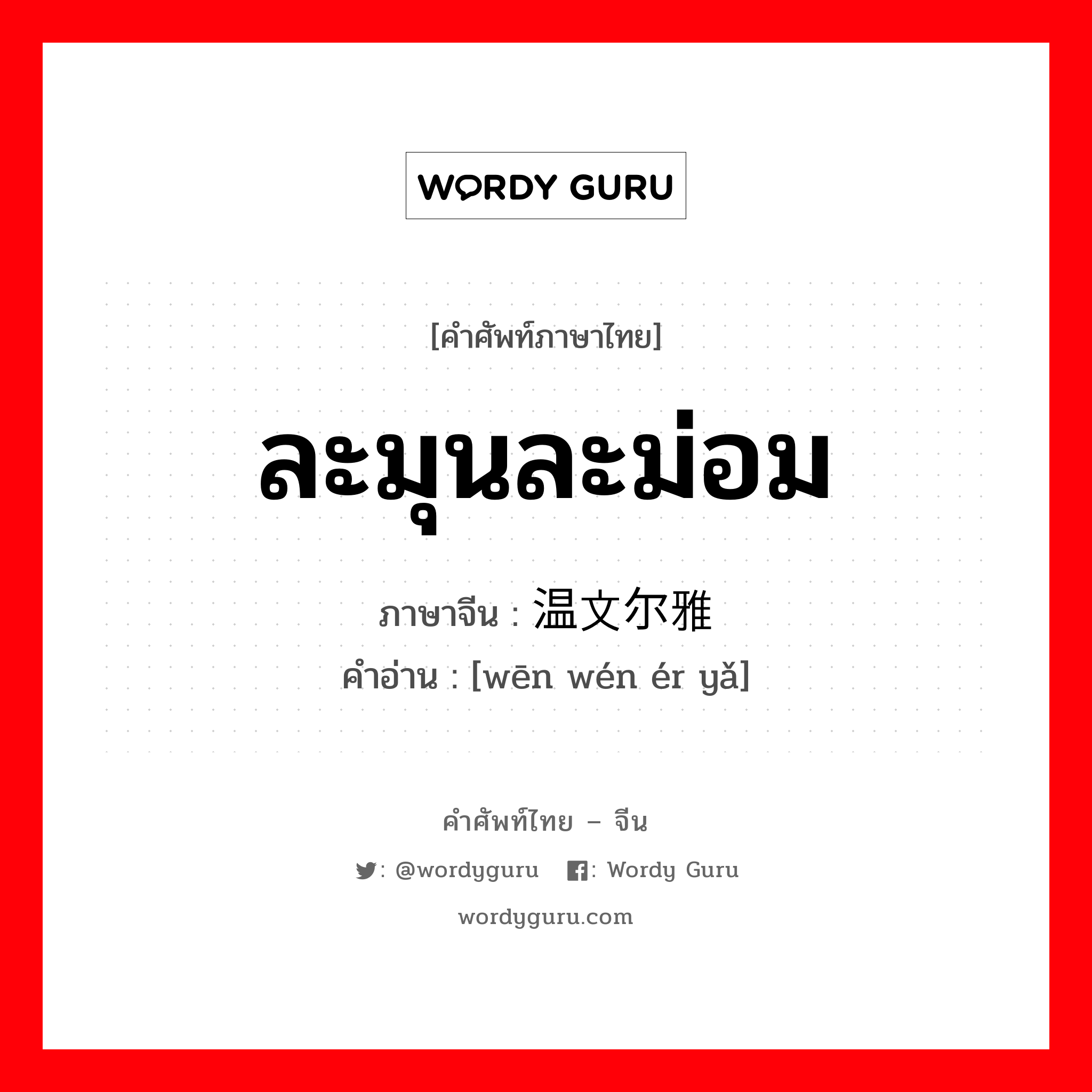 ละมุนละม่อม ภาษาจีนคืออะไร, คำศัพท์ภาษาไทย - จีน ละมุนละม่อม ภาษาจีน 温文尔雅 คำอ่าน [wēn wén ér yǎ]