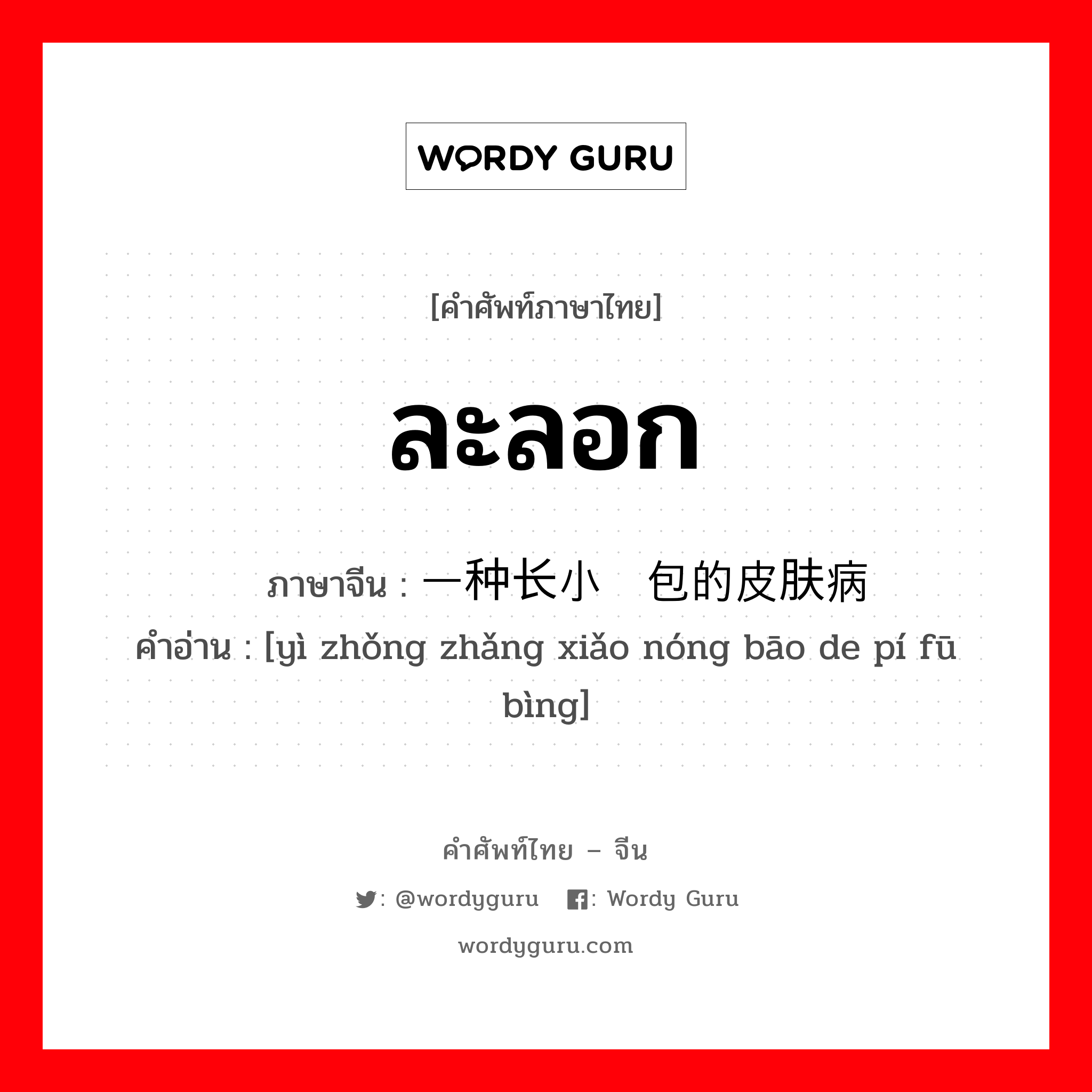 ละลอก ภาษาจีนคืออะไร, คำศัพท์ภาษาไทย - จีน ละลอก ภาษาจีน 一种长小脓包的皮肤病 คำอ่าน [yì zhǒng zhǎng xiǎo nóng bāo de pí fū bìng]