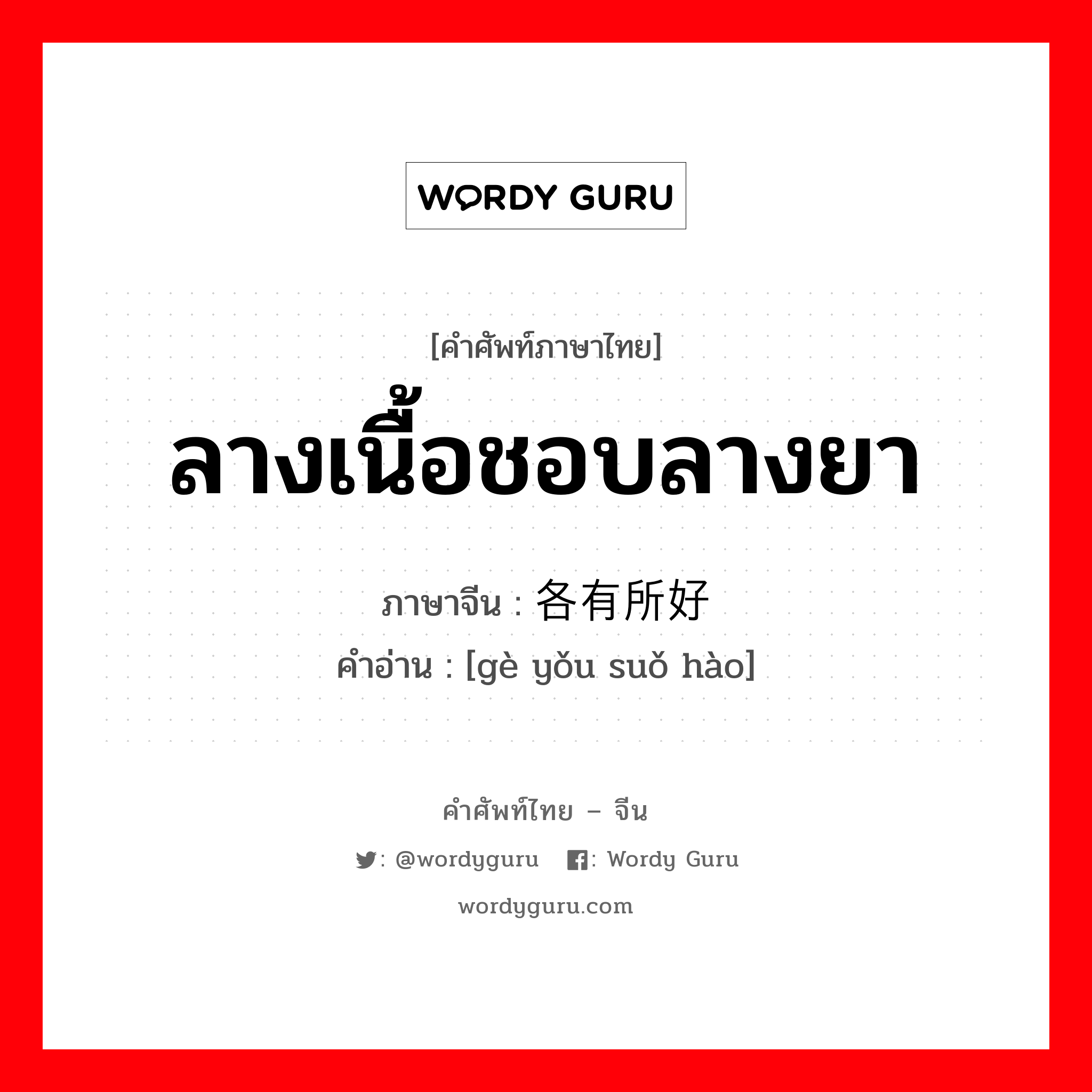 ลางเนื้อชอบลางยา ภาษาจีนคืออะไร, คำศัพท์ภาษาไทย - จีน ลางเนื้อชอบลางยา ภาษาจีน 各有所好 คำอ่าน [gè yǒu suǒ hào]