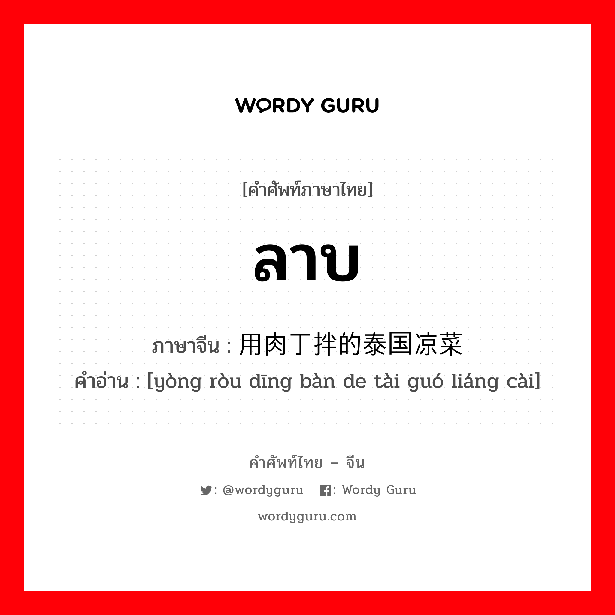 ลาบ ภาษาจีนคืออะไร, คำศัพท์ภาษาไทย - จีน ลาบ ภาษาจีน 用肉丁拌的泰国凉菜 คำอ่าน [yòng ròu dīng bàn de tài guó liáng cài]