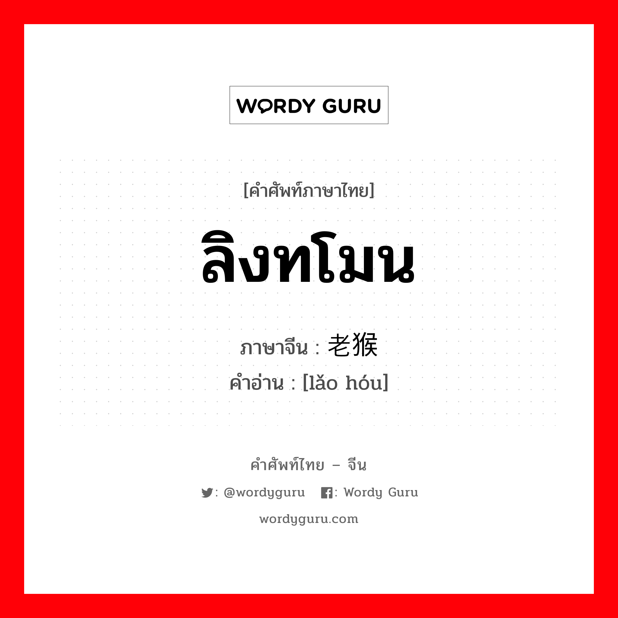 ลิงทโมน ภาษาจีนคืออะไร, คำศัพท์ภาษาไทย - จีน ลิงทโมน ภาษาจีน 老猴 คำอ่าน [lǎo hóu]