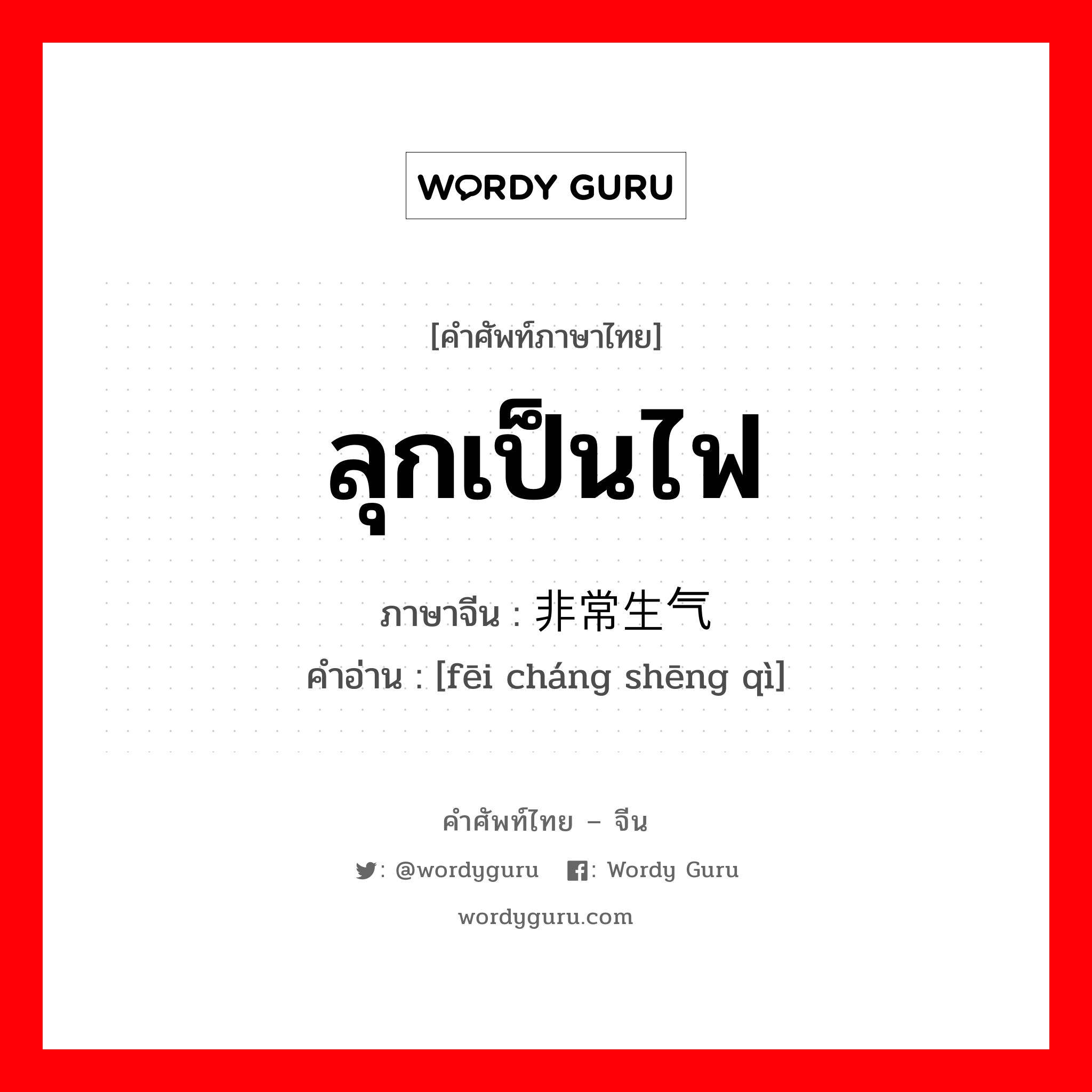 ลุกเป็นไฟ ภาษาจีนคืออะไร, คำศัพท์ภาษาไทย - จีน ลุกเป็นไฟ ภาษาจีน 非常生气 คำอ่าน [fēi cháng shēng qì]