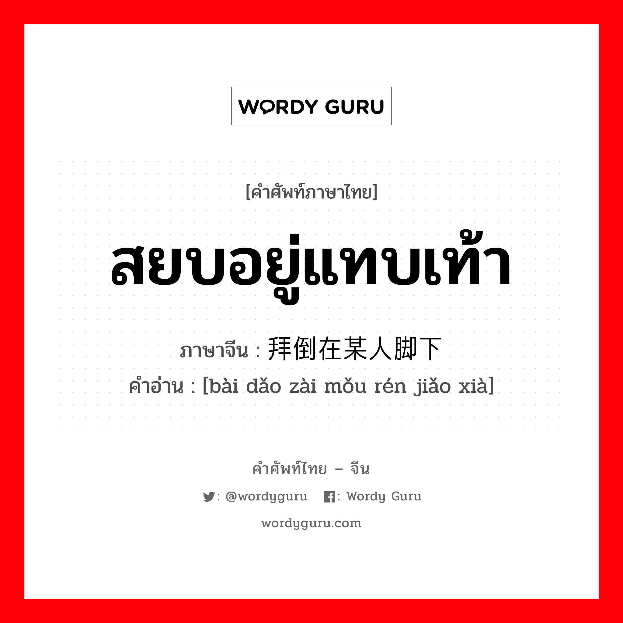 สยบอยู่แทบเท้า ภาษาจีนคืออะไร, คำศัพท์ภาษาไทย - จีน สยบอยู่แทบเท้า ภาษาจีน 拜倒在某人脚下 คำอ่าน [bài dǎo zài mǒu rén jiǎo xià]