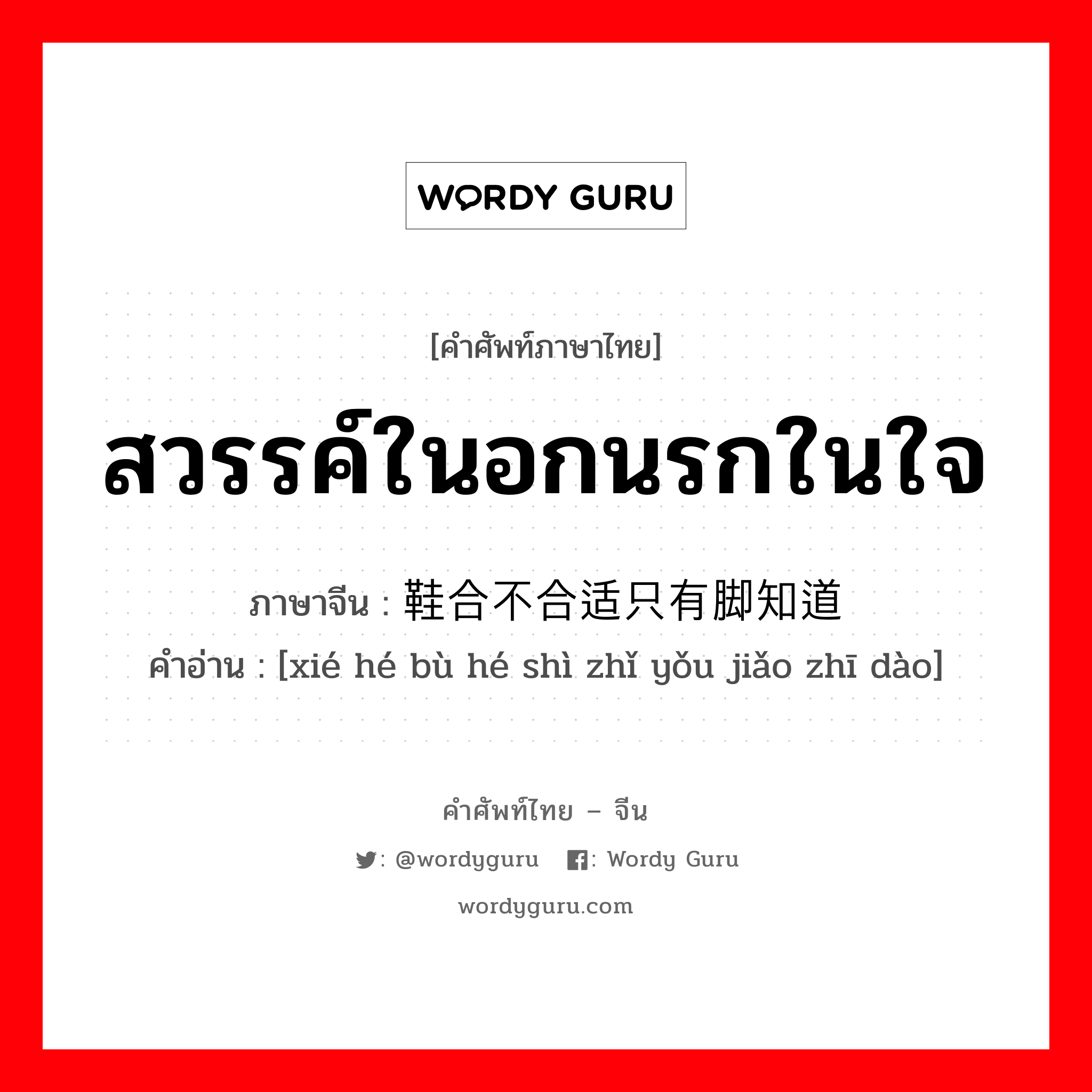 สวรรค์ในอกนรกในใจ ภาษาจีนคืออะไร, คำศัพท์ภาษาไทย - จีน สวรรค์ในอกนรกในใจ ภาษาจีน 鞋合不合适只有脚知道 คำอ่าน [xié hé bù hé shì zhǐ yǒu jiǎo zhī dào]