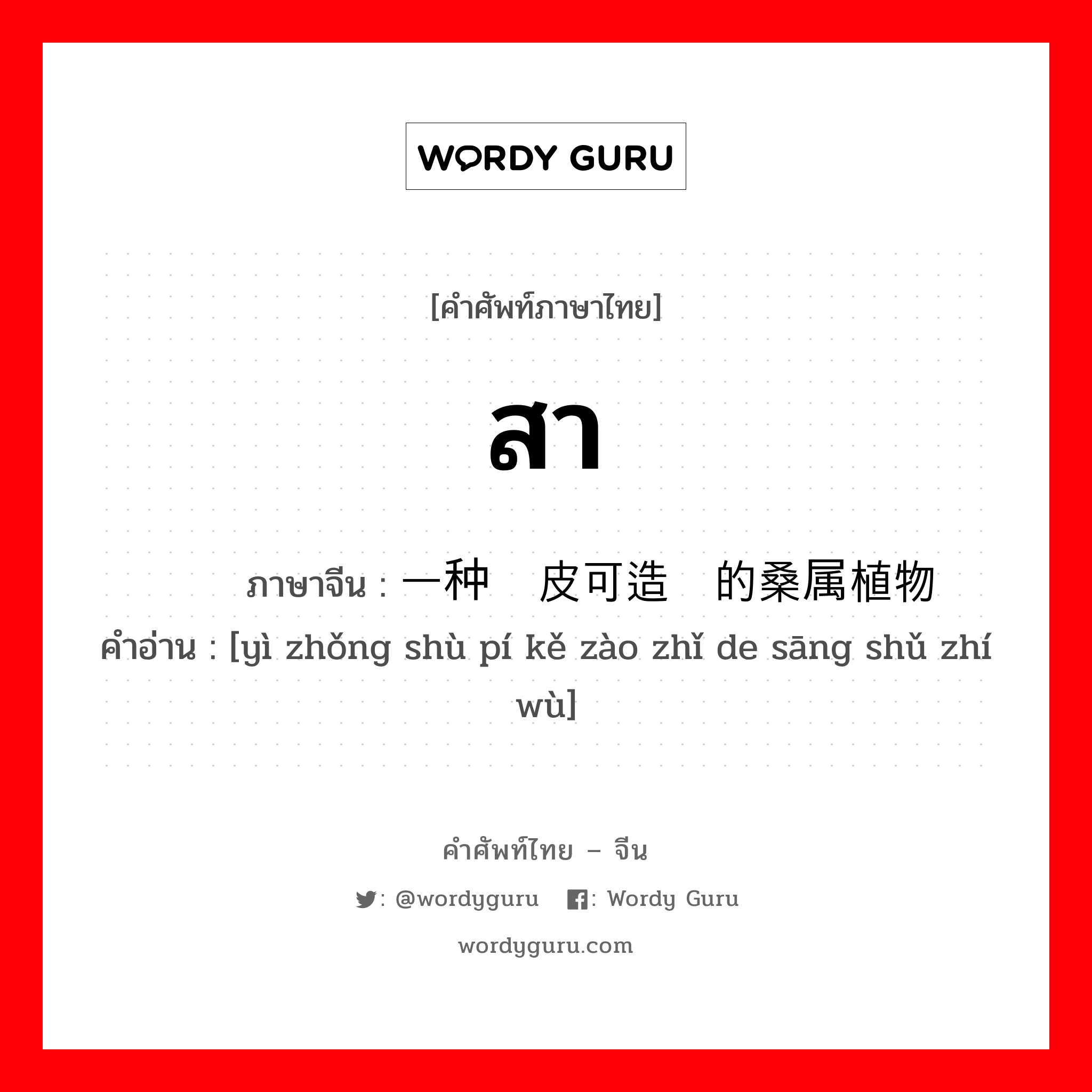 สา ภาษาจีนคืออะไร, คำศัพท์ภาษาไทย - จีน สา ภาษาจีน 一种树皮可造纸的桑属植物 คำอ่าน [yì zhǒng shù pí kě zào zhǐ de sāng shǔ zhí wù]