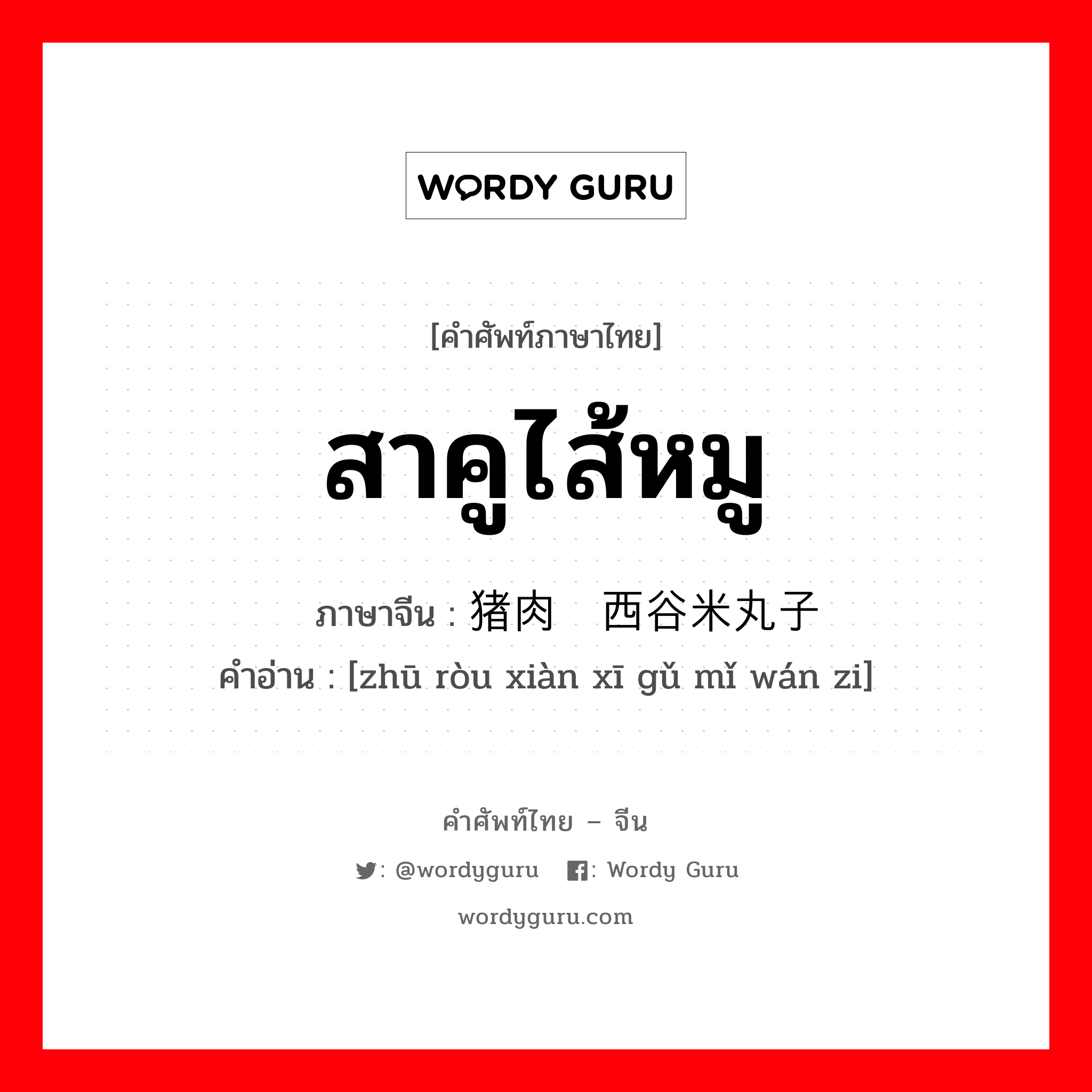 สาคูไส้หมู ภาษาจีนคืออะไร, คำศัพท์ภาษาไทย - จีน สาคูไส้หมู ภาษาจีน 猪肉馅西谷米丸子 คำอ่าน [zhū ròu xiàn xī gǔ mǐ wán zi]