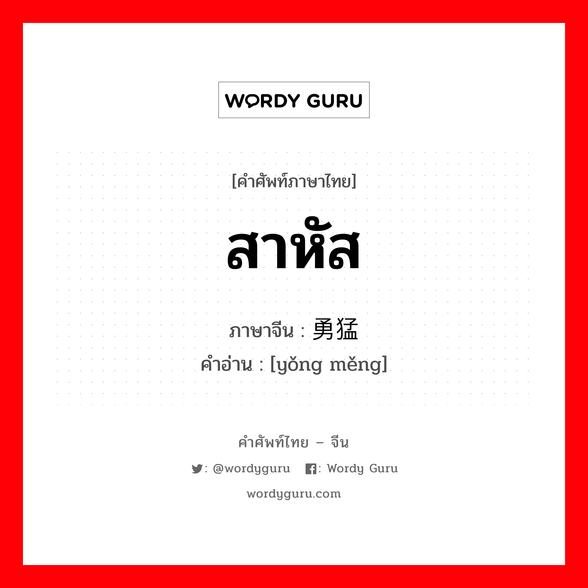 สาหัส ภาษาจีนคืออะไร, คำศัพท์ภาษาไทย - จีน สาหัส ภาษาจีน 勇猛 คำอ่าน [yǒng měng]