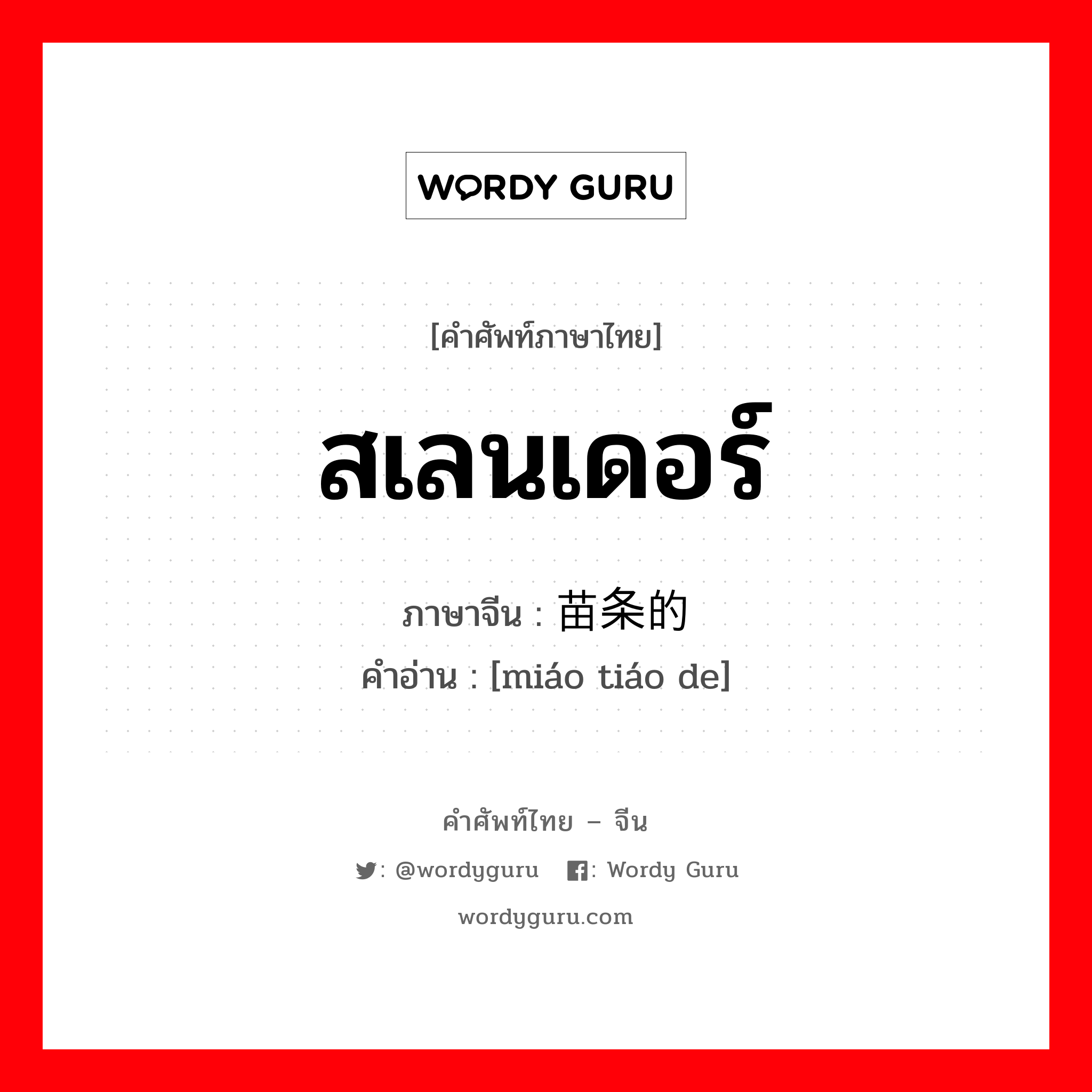 สเลนเดอร์ ภาษาจีนคืออะไร, คำศัพท์ภาษาไทย - จีน สเลนเดอร์ ภาษาจีน 苗条的 คำอ่าน [miáo tiáo de]