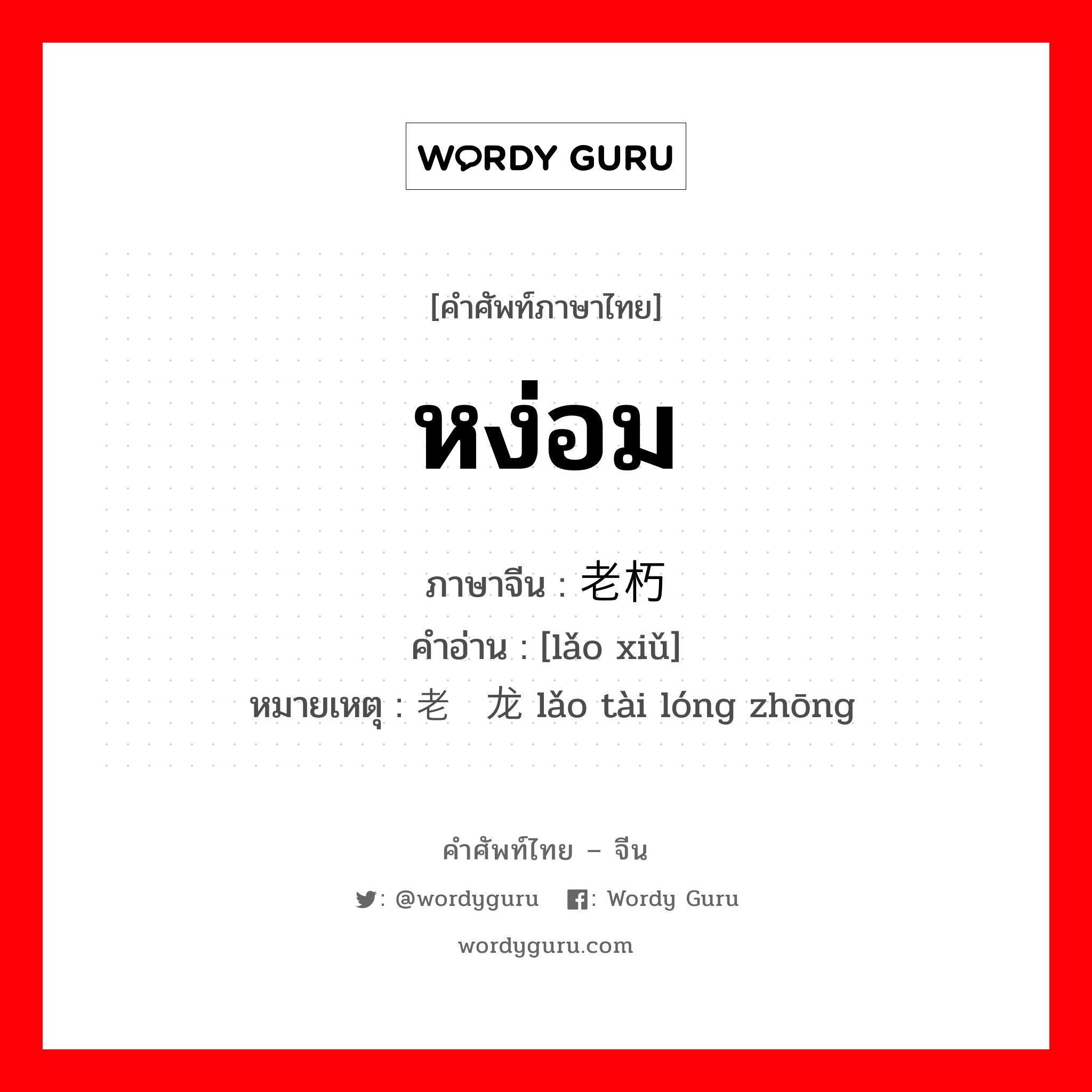 หง่อม ภาษาจีนคืออะไร, คำศัพท์ภาษาไทย - จีน หง่อม ภาษาจีน 老朽 คำอ่าน [lǎo xiǔ] หมายเหตุ 老态龙钟 lǎo tài lóng zhōng