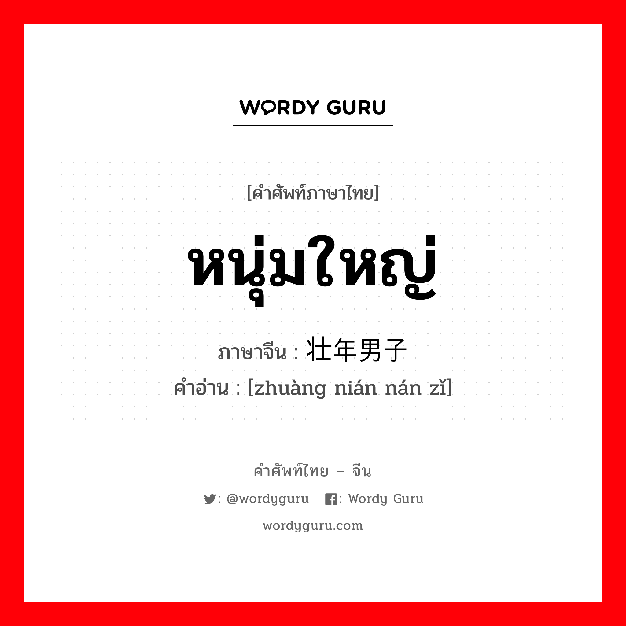 หนุ่มใหญ่ ภาษาจีนคืออะไร, คำศัพท์ภาษาไทย - จีน หนุ่มใหญ่ ภาษาจีน 壮年男子 คำอ่าน [zhuàng nián nán zǐ]