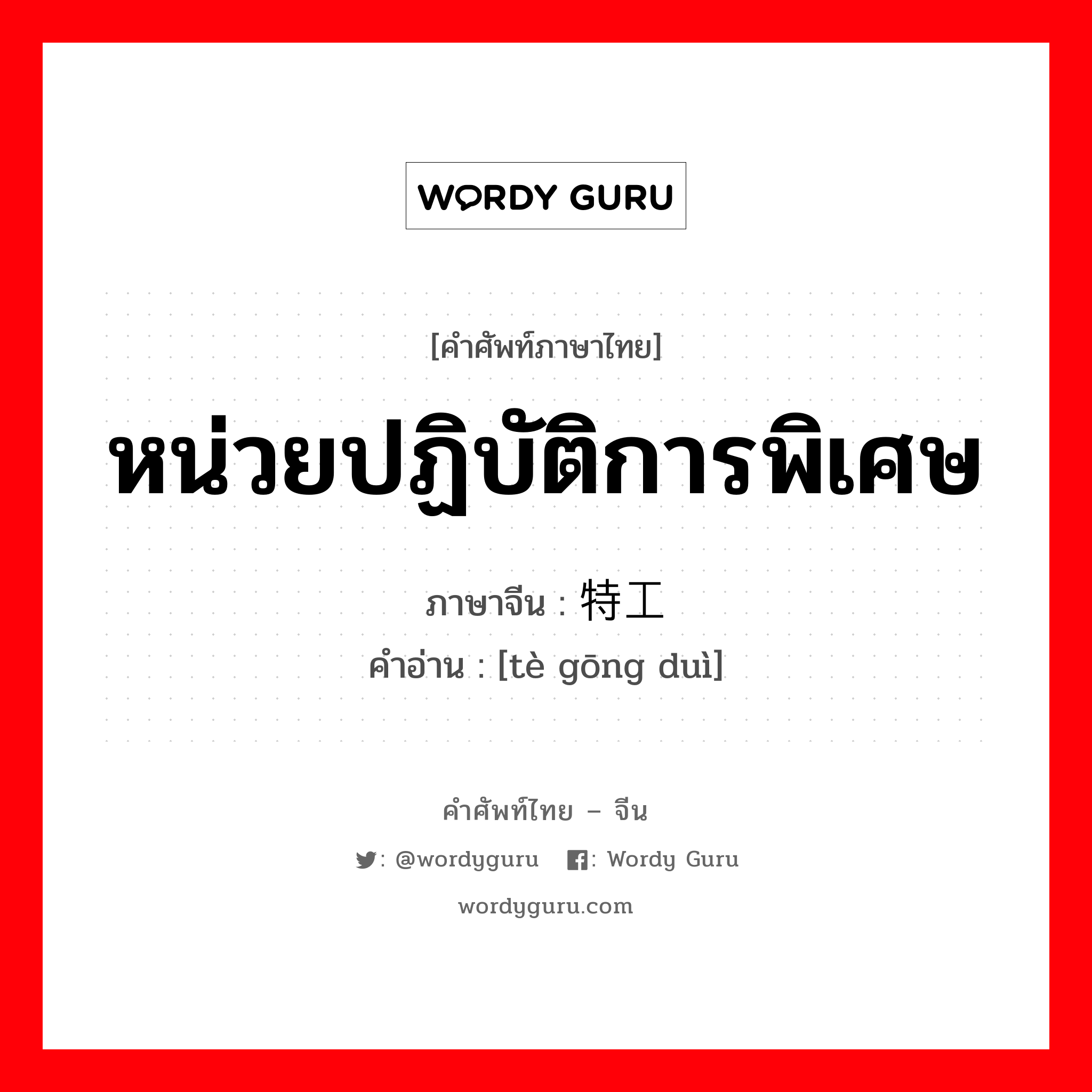 หน่วยปฏิบัติการพิเศษ ภาษาจีนคืออะไร, คำศัพท์ภาษาไทย - จีน หน่วยปฏิบัติการพิเศษ ภาษาจีน 特工队 คำอ่าน [tè gōng duì]