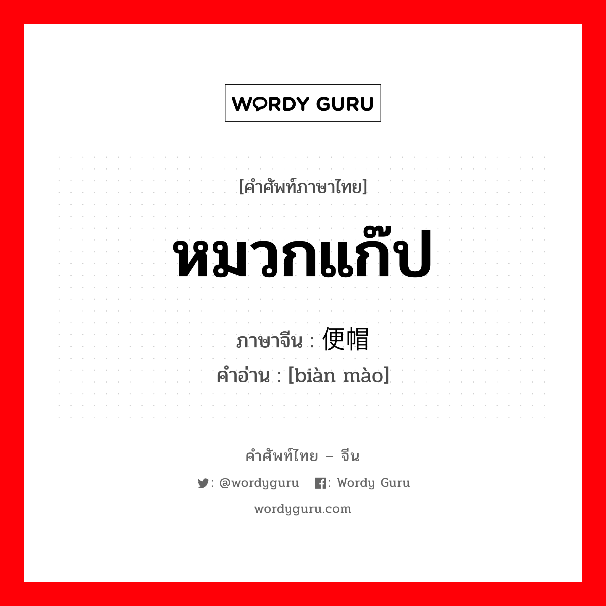 หมวกแก๊ป ภาษาจีนคืออะไร, คำศัพท์ภาษาไทย - จีน หมวกแก๊ป ภาษาจีน 便帽 คำอ่าน [biàn mào]