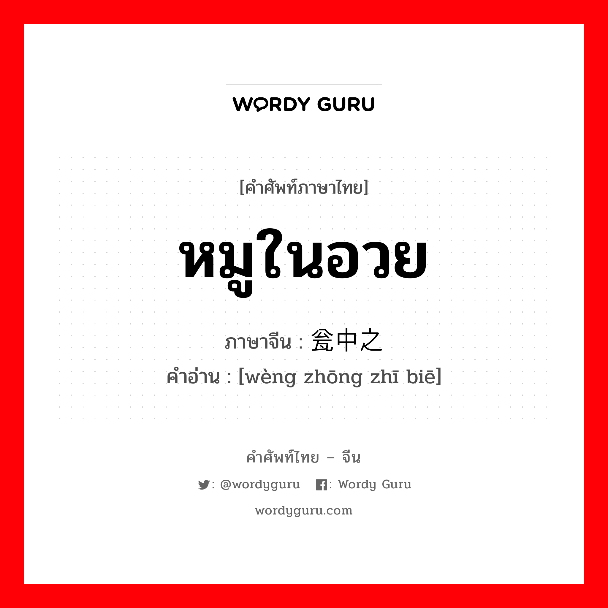 หมูในอวย ภาษาจีนคืออะไร, คำศัพท์ภาษาไทย - จีน หมูในอวย ภาษาจีน 瓮中之鳖 คำอ่าน [wèng zhōng zhī biē]