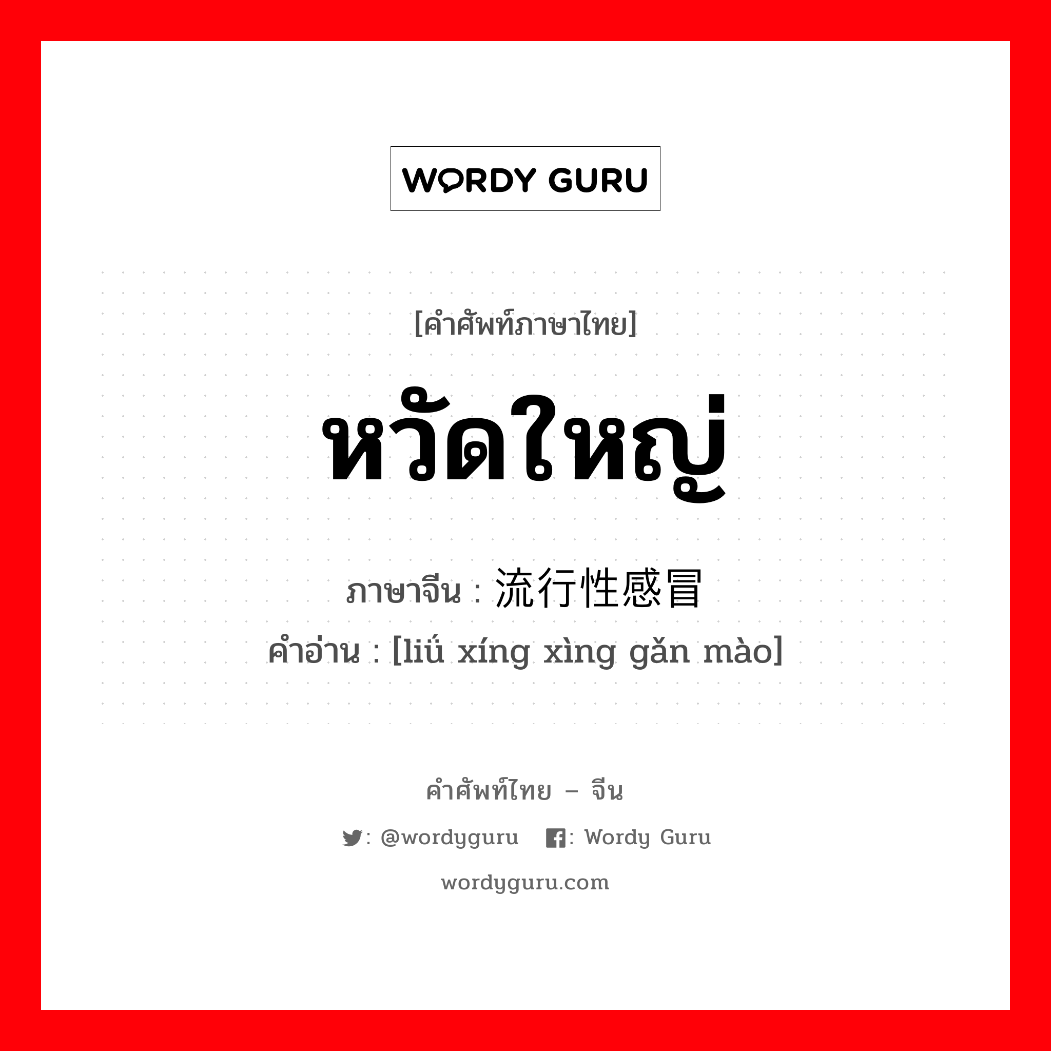 หวัดใหญ่ ภาษาจีนคืออะไร, คำศัพท์ภาษาไทย - จีน หวัดใหญ่ ภาษาจีน 流行性感冒 คำอ่าน [liǘ xíng xìng gǎn mào]