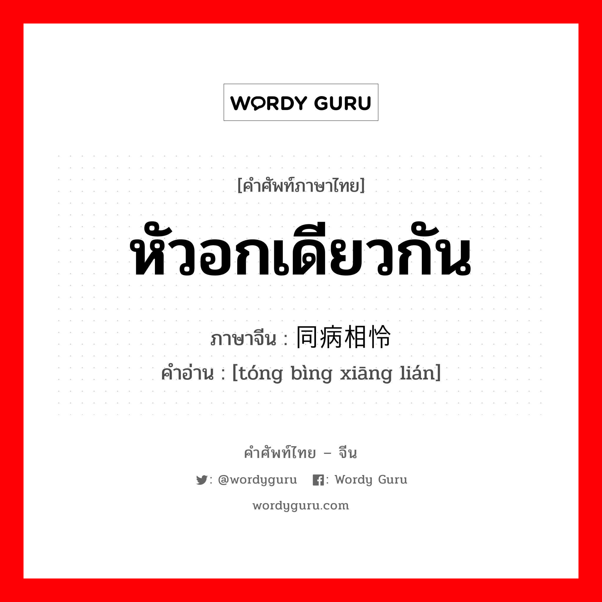 หัวอกเดียวกัน ภาษาจีนคืออะไร, คำศัพท์ภาษาไทย - จีน หัวอกเดียวกัน ภาษาจีน 同病相怜 คำอ่าน [tóng bìng xiāng lián]