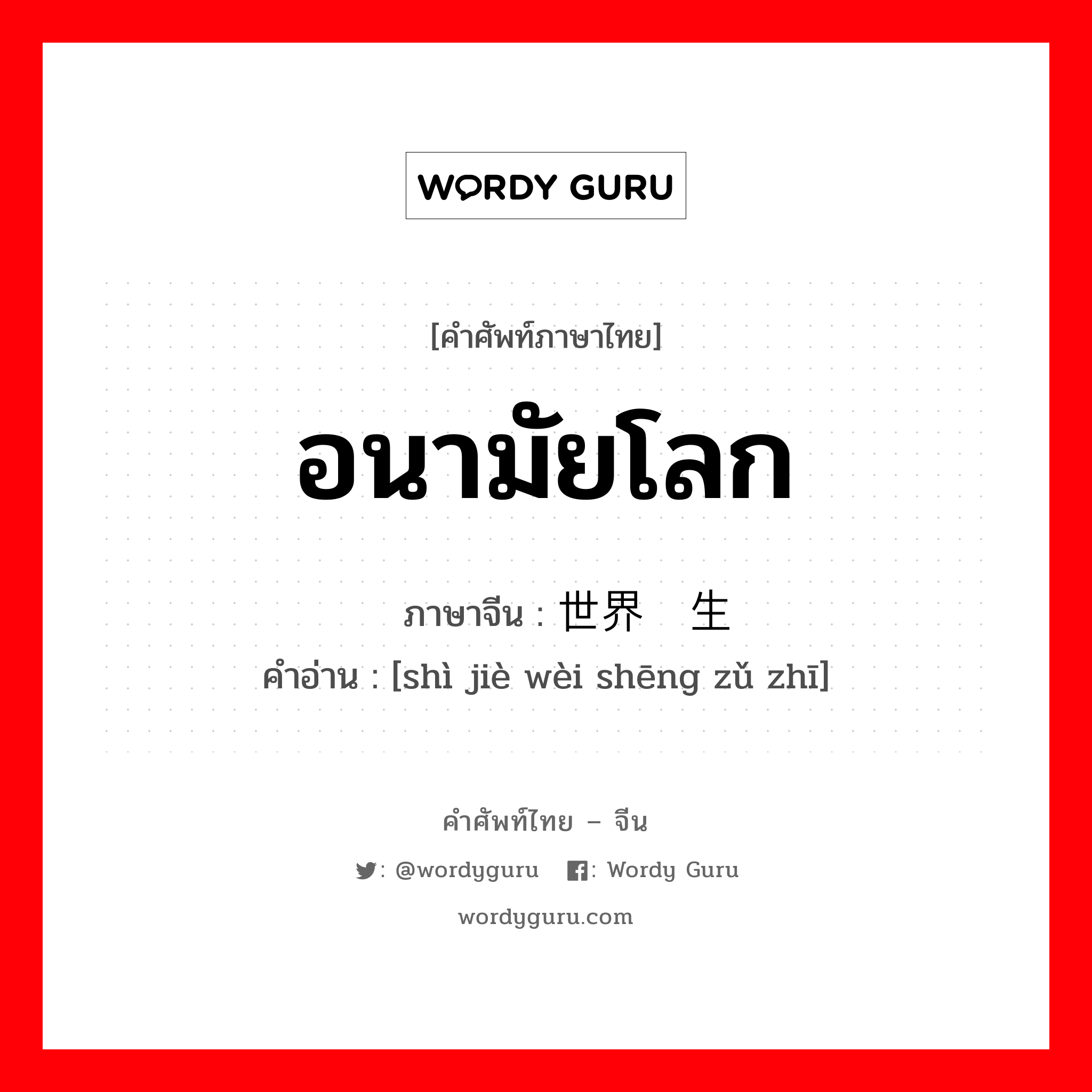 อนามัยโลก ภาษาจีนคืออะไร, คำศัพท์ภาษาไทย - จีน อนามัยโลก ภาษาจีน 世界卫生组织 คำอ่าน [shì jiè wèi shēng zǔ zhī]